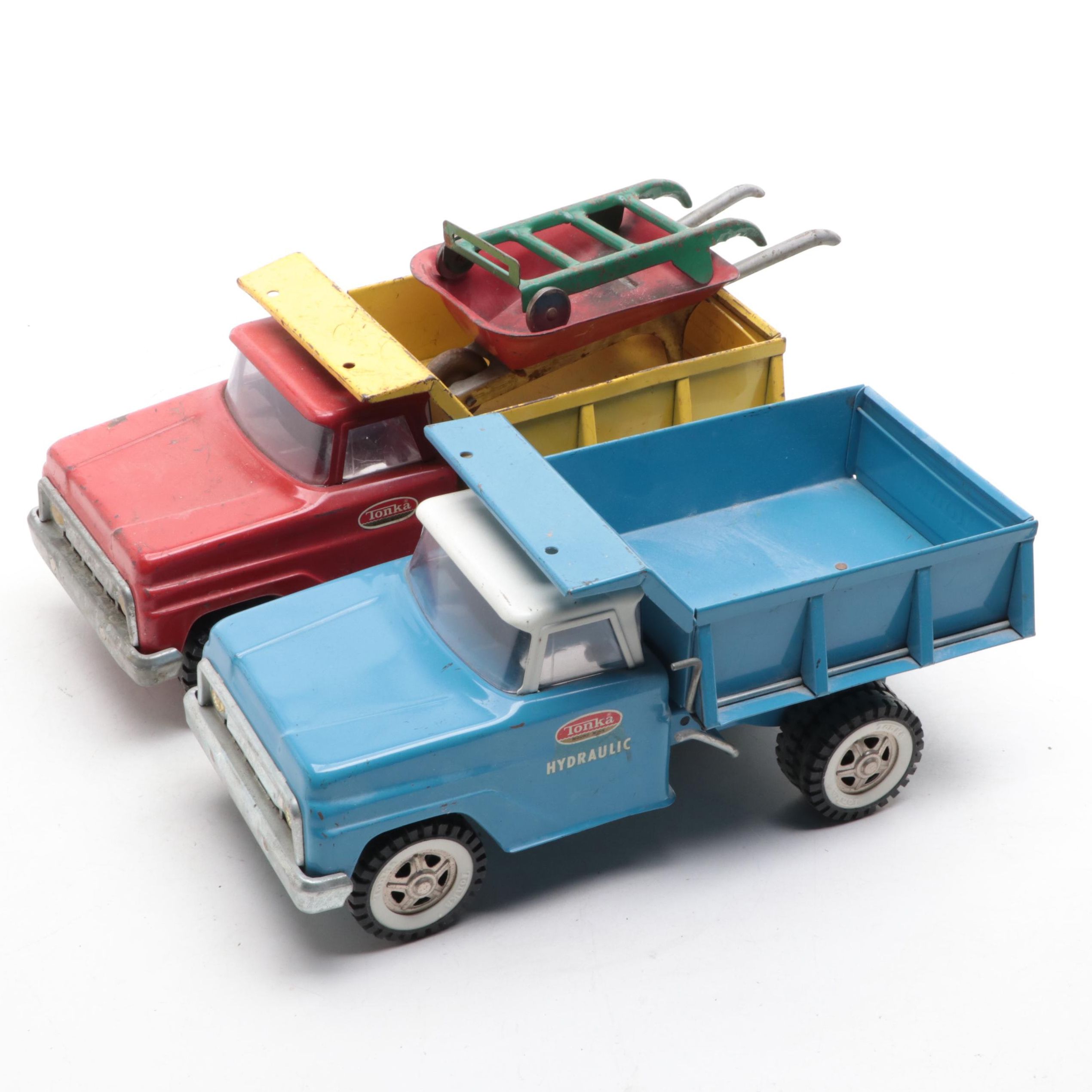 Tonka and Other Metal Toy Dump Trucks, Wheelbarrow and Dolly, Mid-20th Century