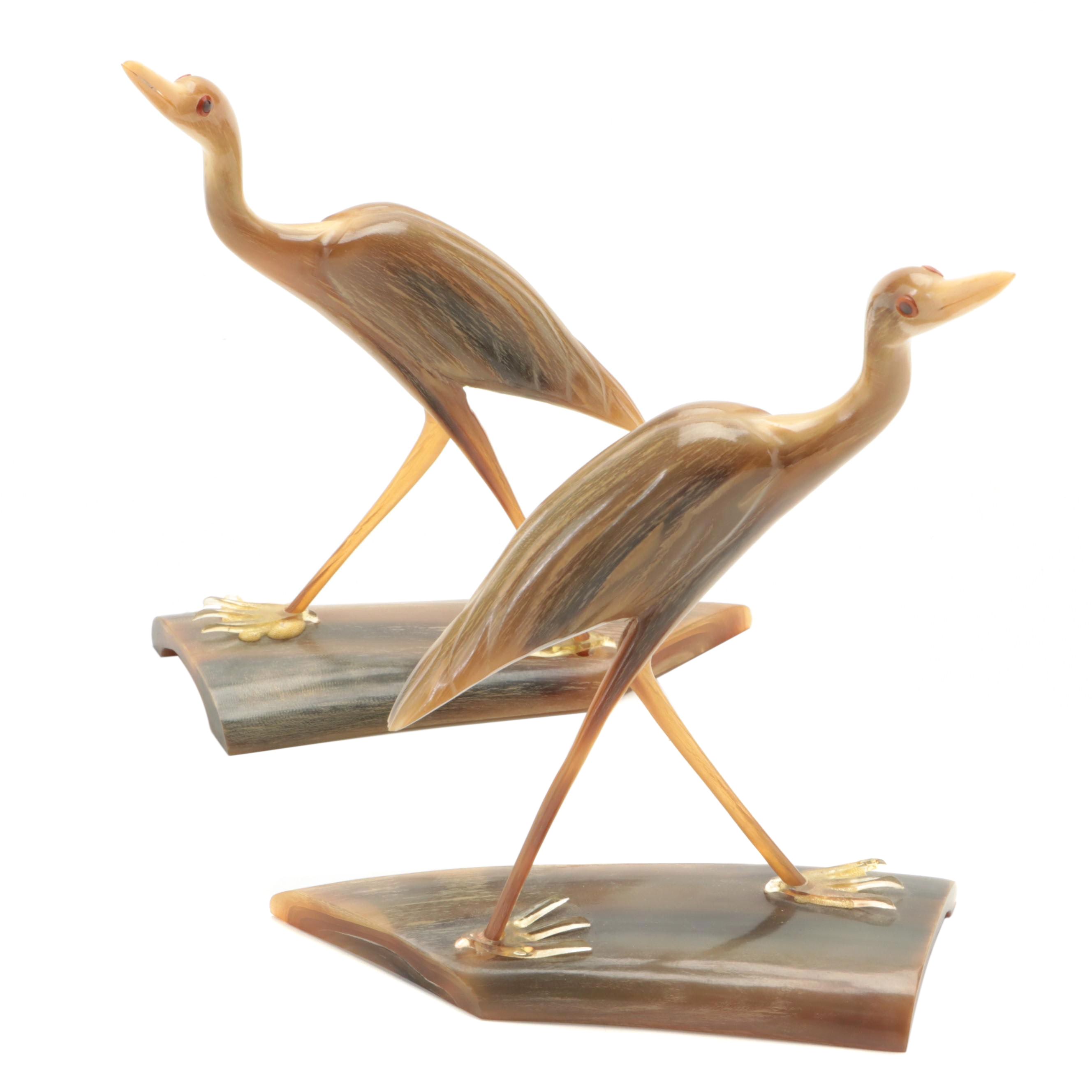 Hand-Carved Horn Heron Figurines
