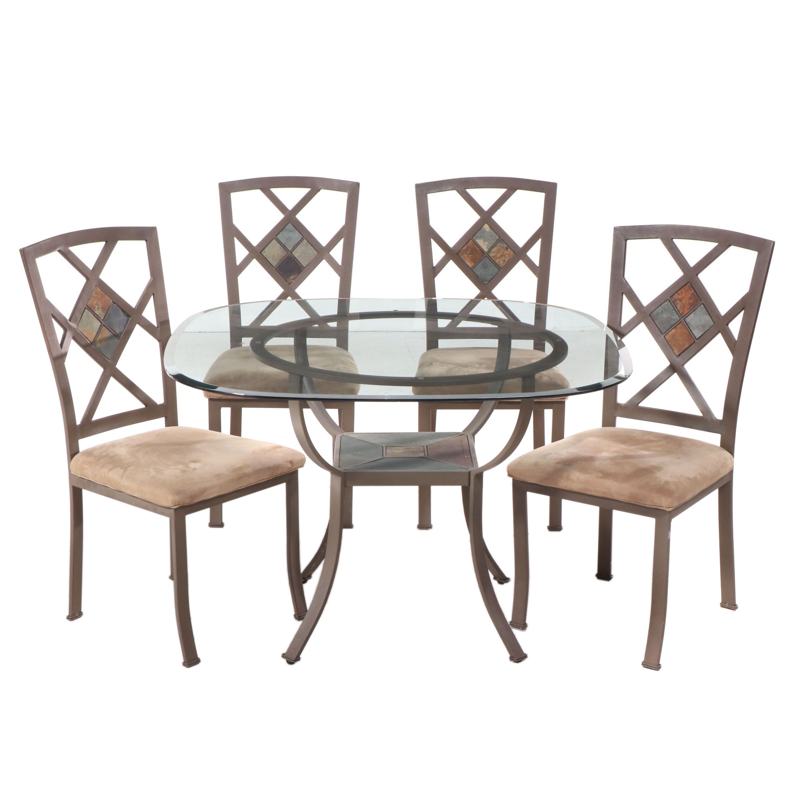 Contemporary Stone-Inlaid Glass-Top Metal Dinette Table and Four Chairs