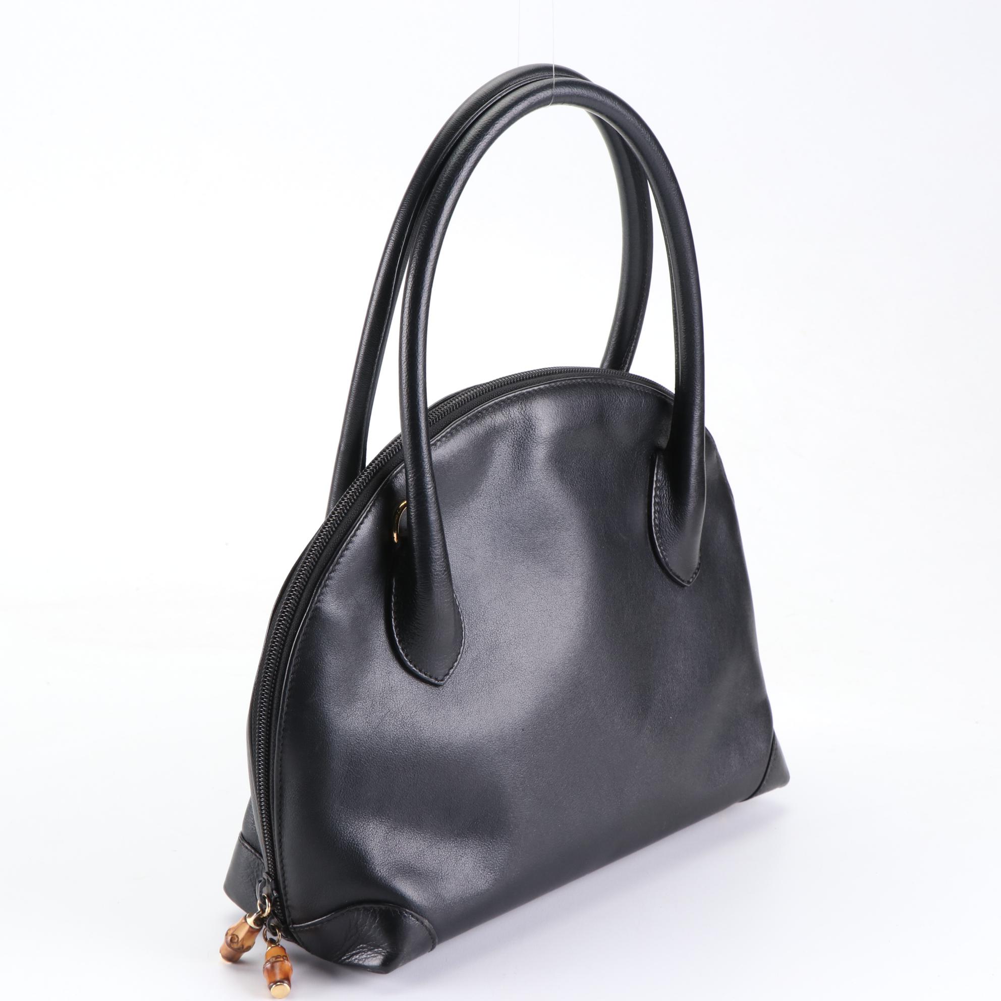 Gucci Domed Top Handle Bag in Black Leather with Bamboo Zip