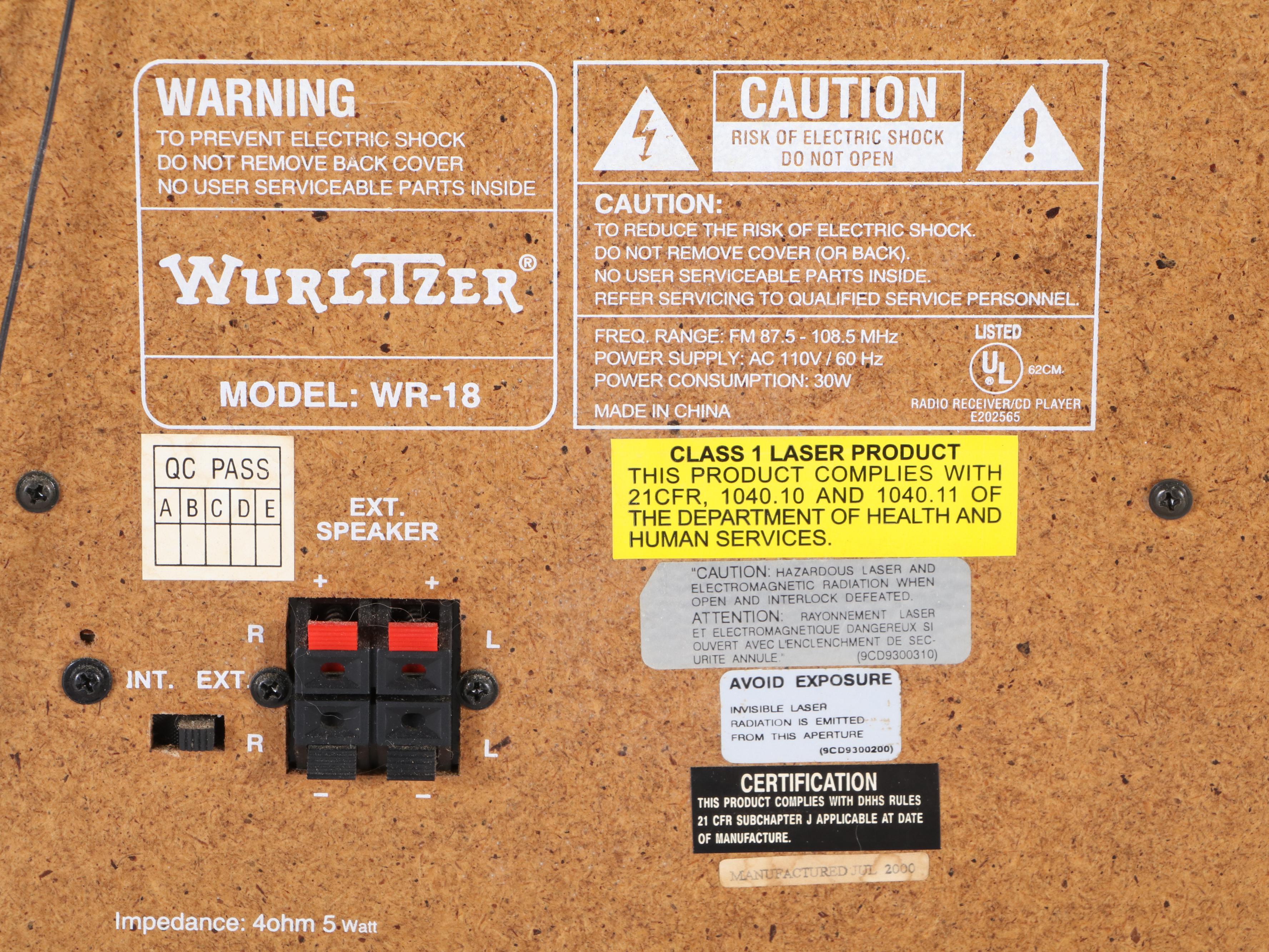 Wurlitzer Mini Jukebox Style Tabletop CD Player With Radio, 2000