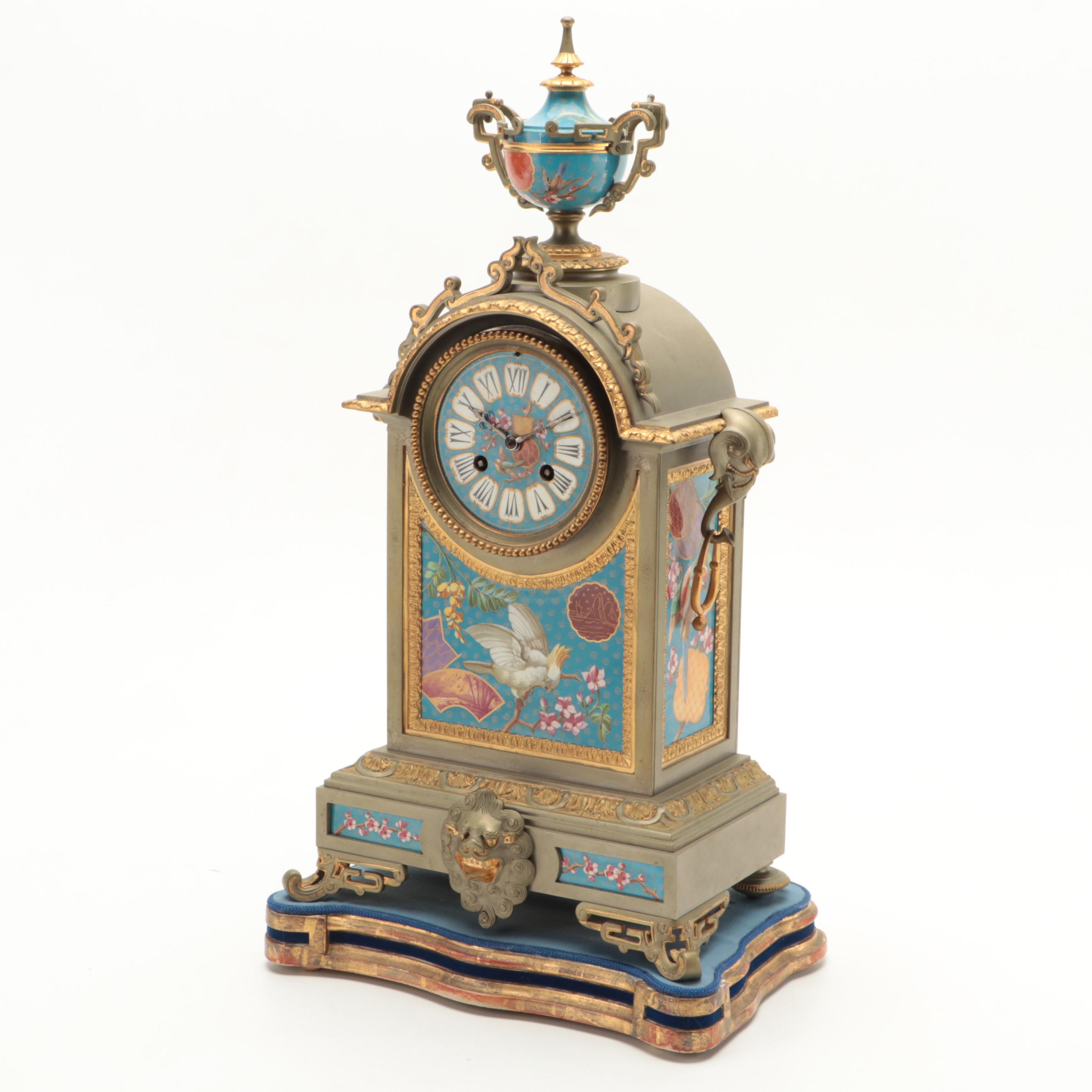 Victorian Aesthetic-Movement Gilt Metal Mantel Clock with Garniture