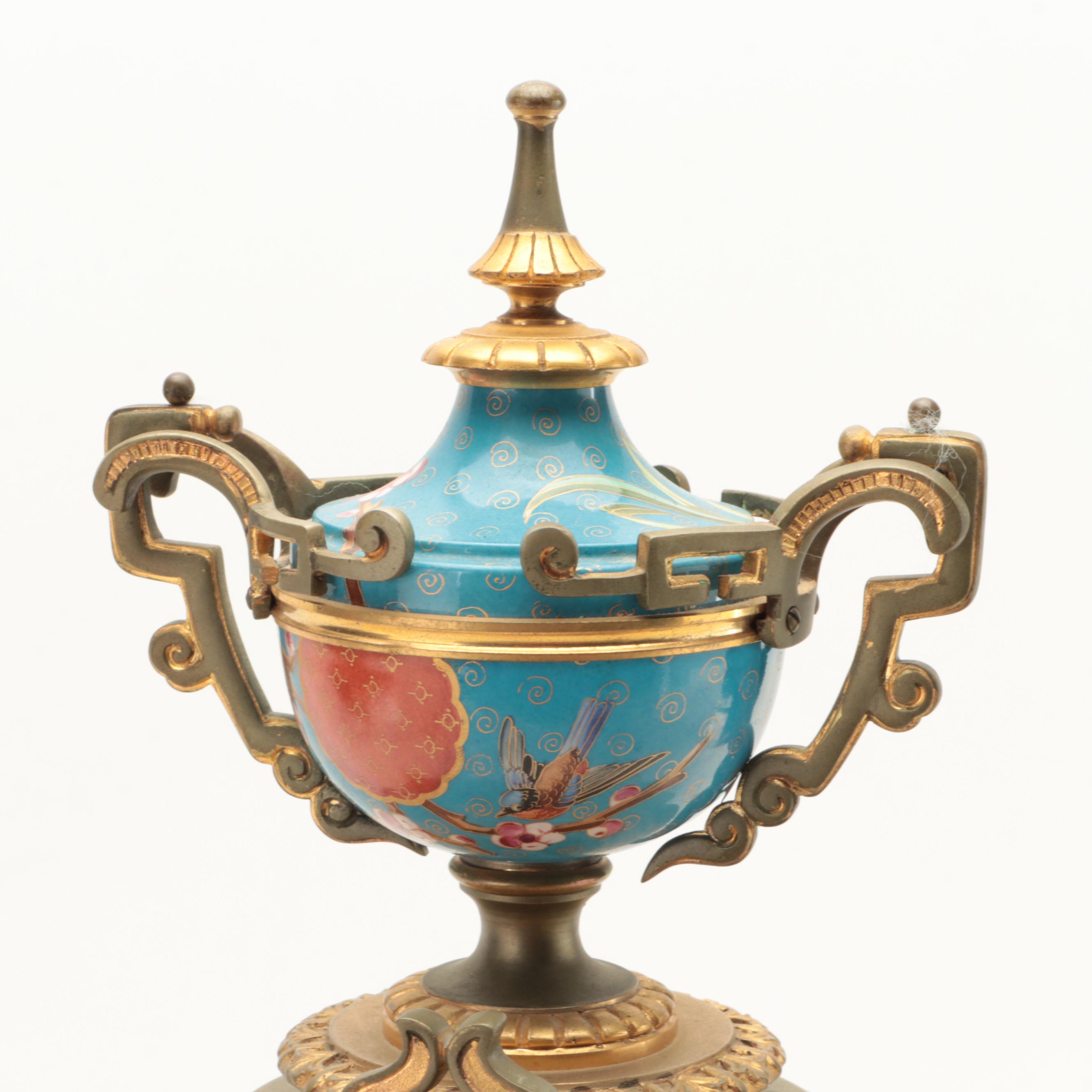 Victorian Aesthetic-Movement Gilt Metal Mantel Clock with Garniture