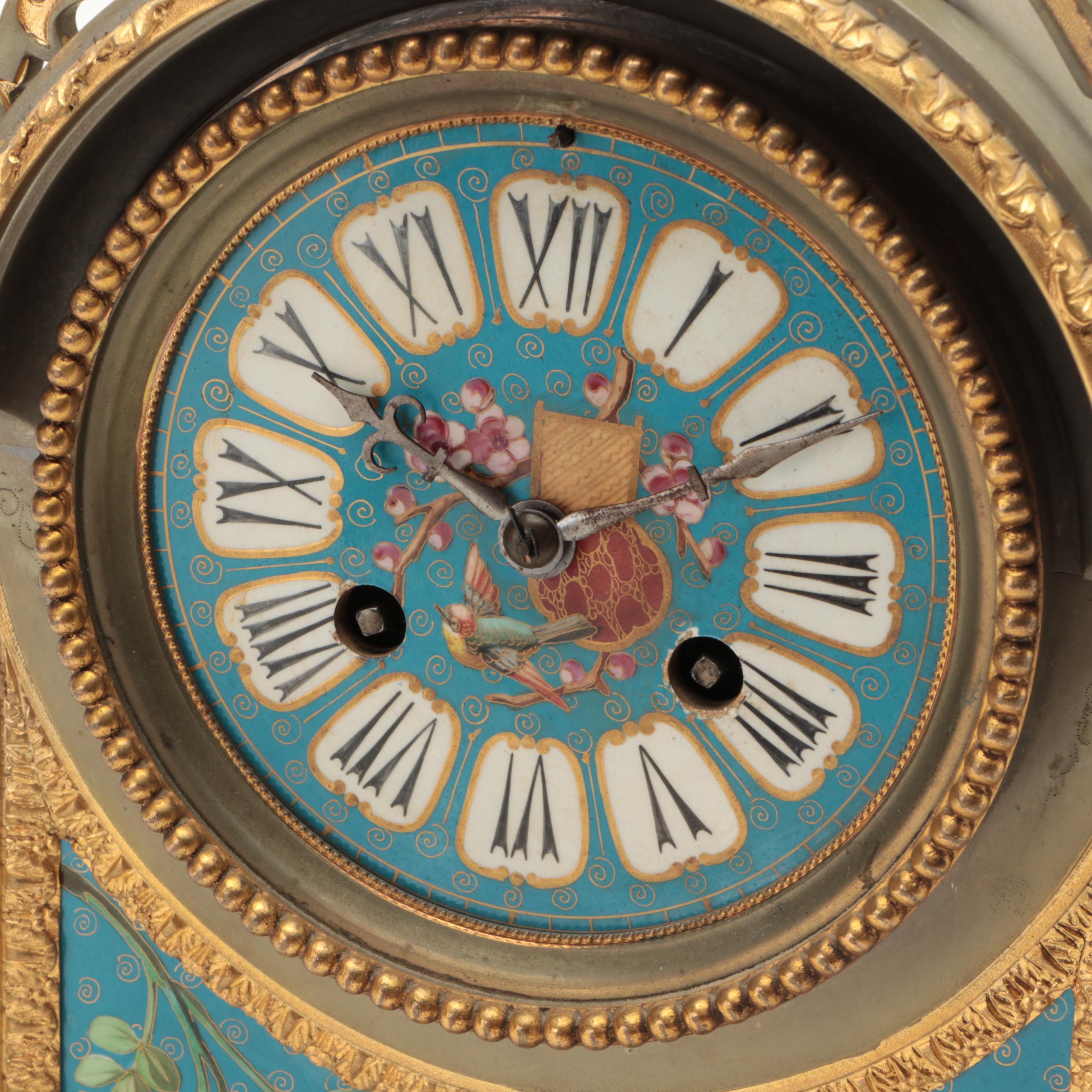 Victorian Aesthetic-Movement Gilt Metal Mantel Clock with Garniture