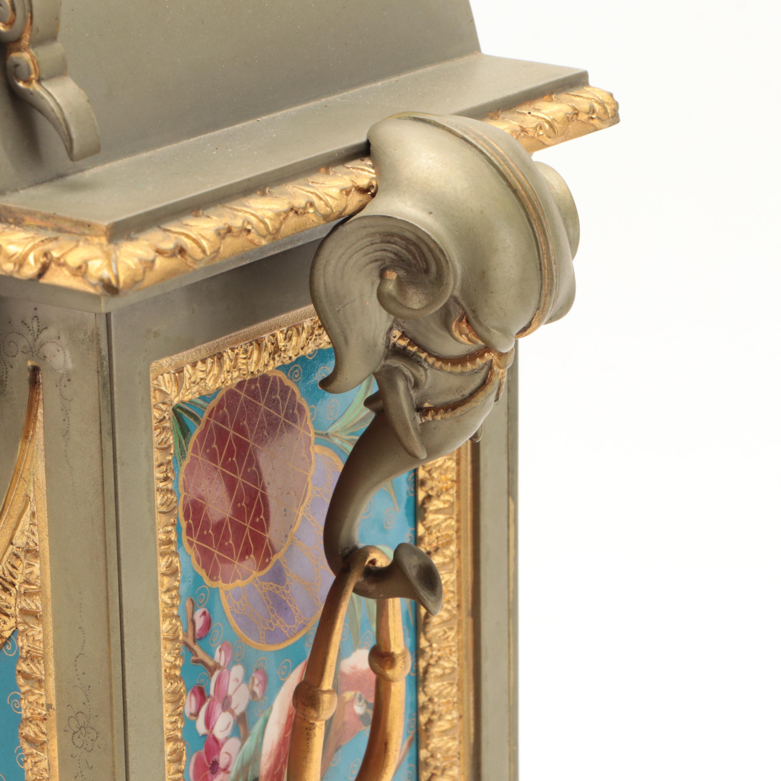 Victorian Aesthetic-Movement Gilt Metal Mantel Clock with Garniture