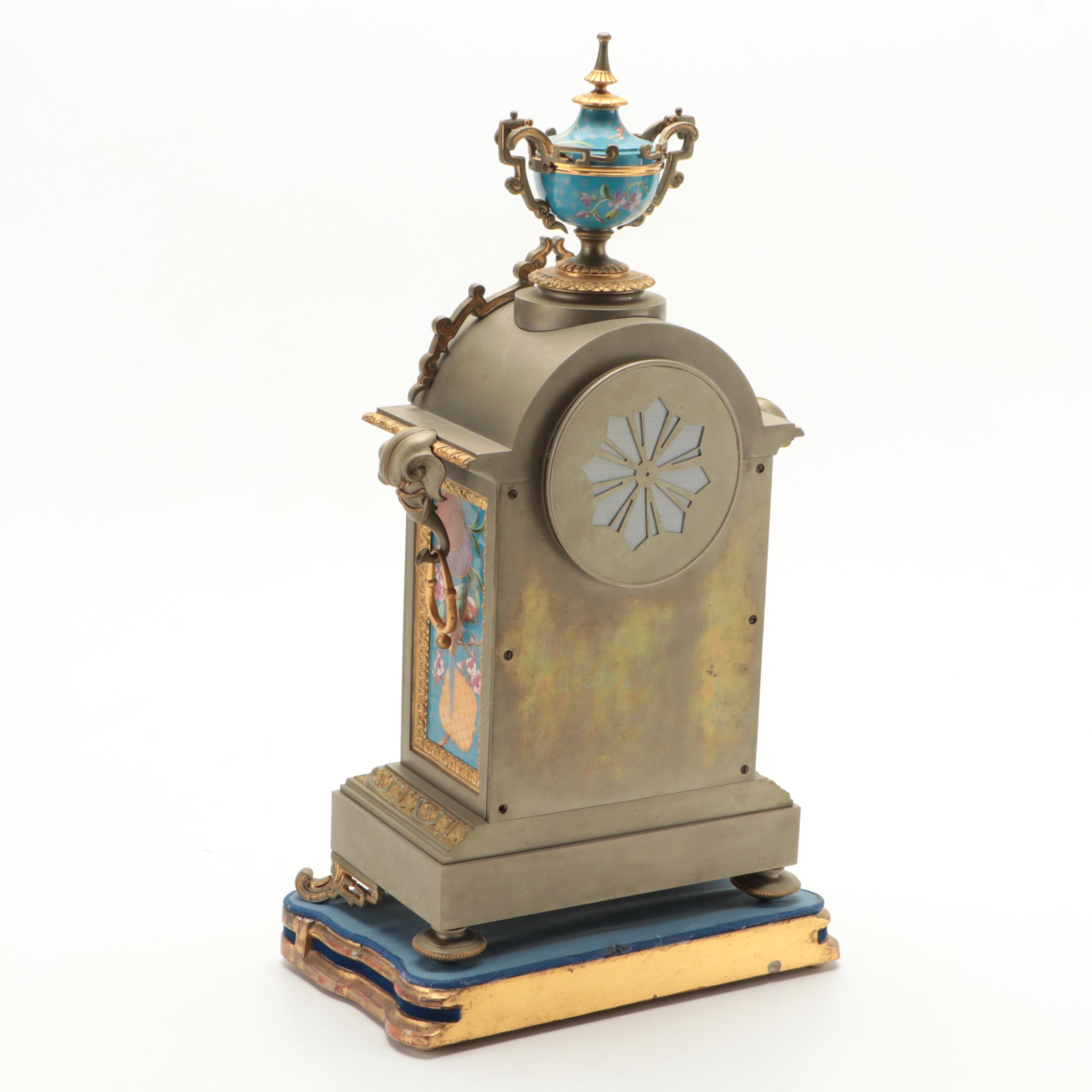 Victorian Aesthetic-Movement Gilt Metal Mantel Clock with Garniture