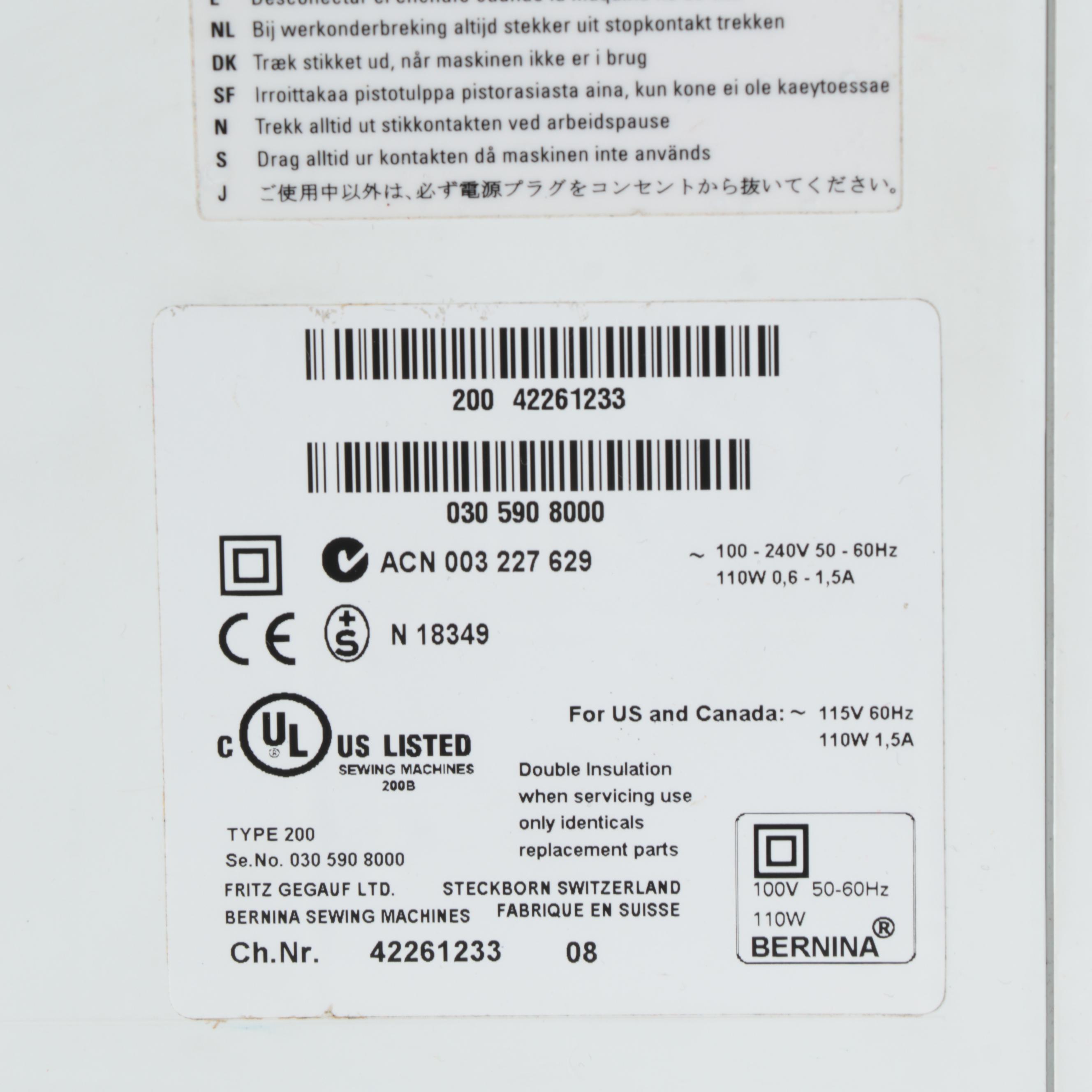 Bernina Artista 200 Sewing and Embroidery Machine With Manual and Accessories