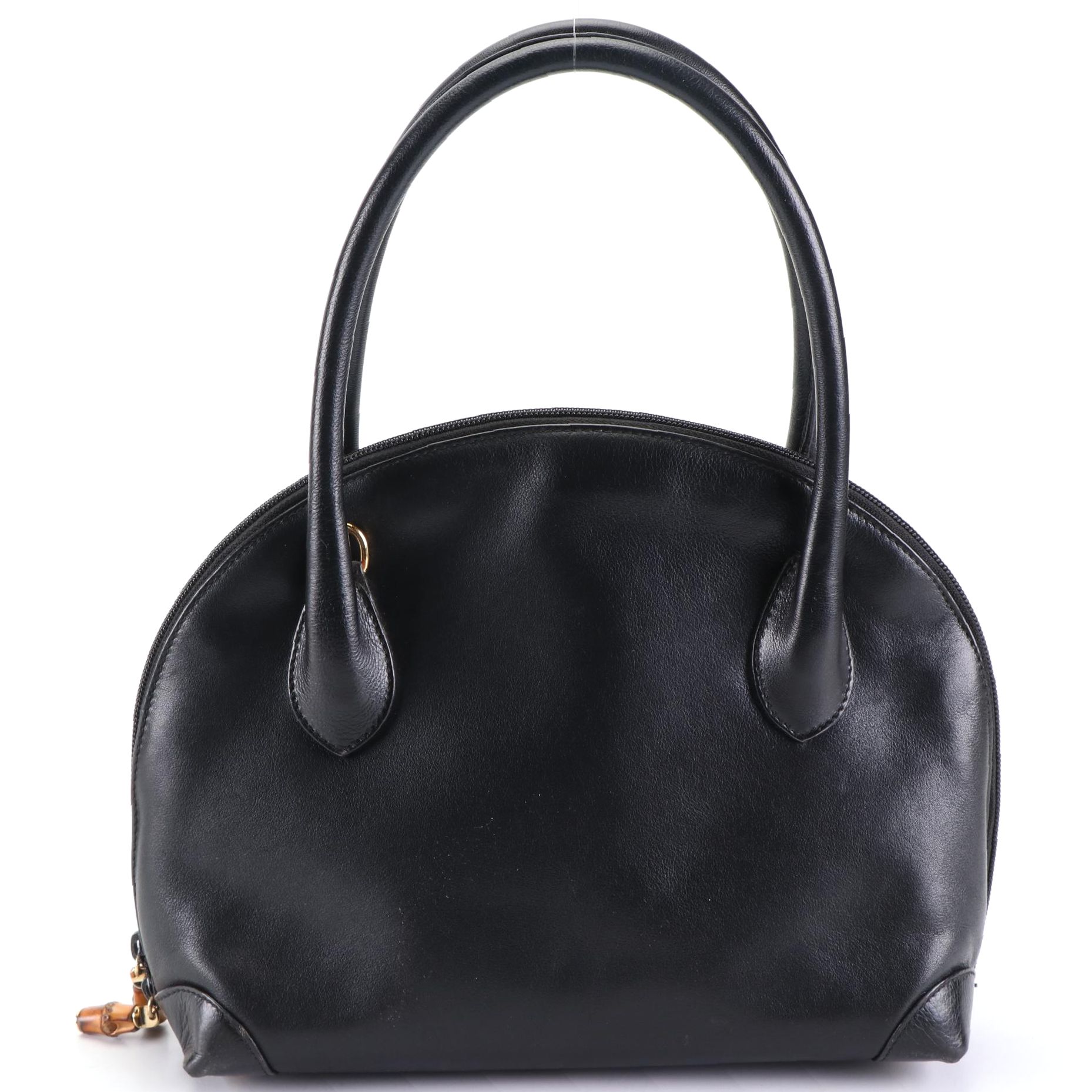 Gucci Domed Top Handle Bag in Black Leather with Bamboo Zip