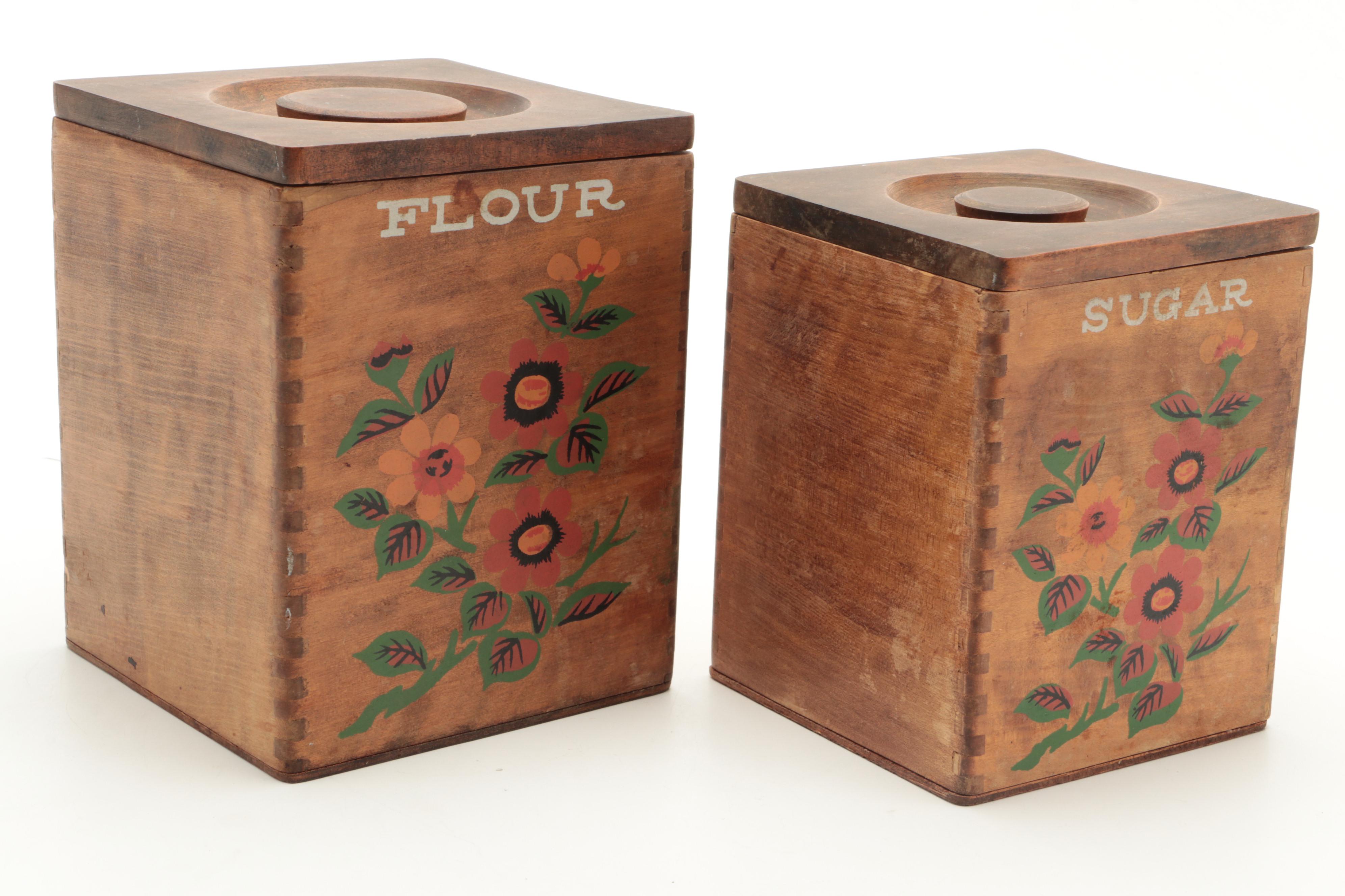 Hand-Painted Floral Motif Wooden Graduated Kitchen Canisters, Mid-20th C.
