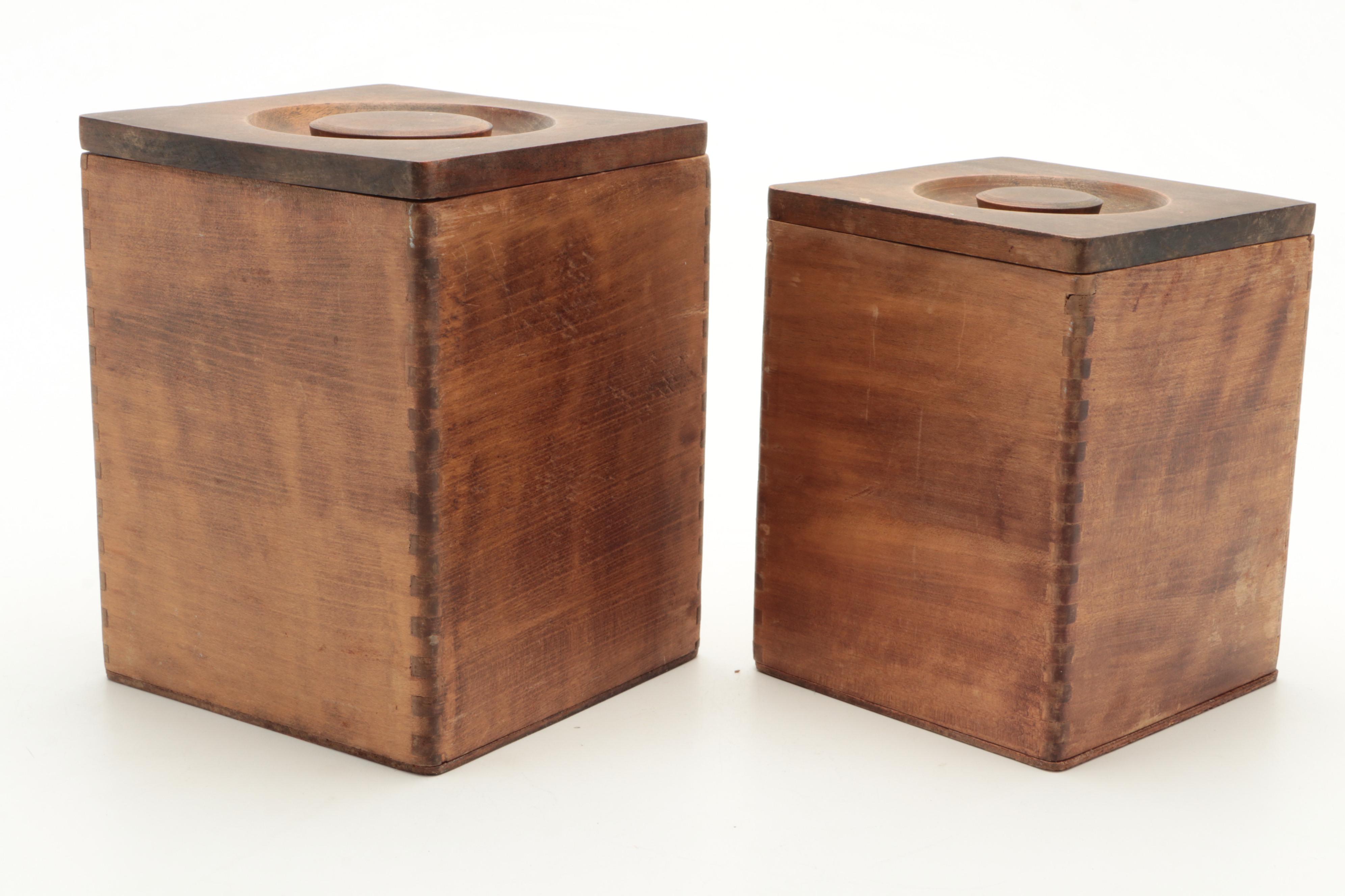 Hand-Painted Floral Motif Wooden Graduated Kitchen Canisters, Mid-20th C.