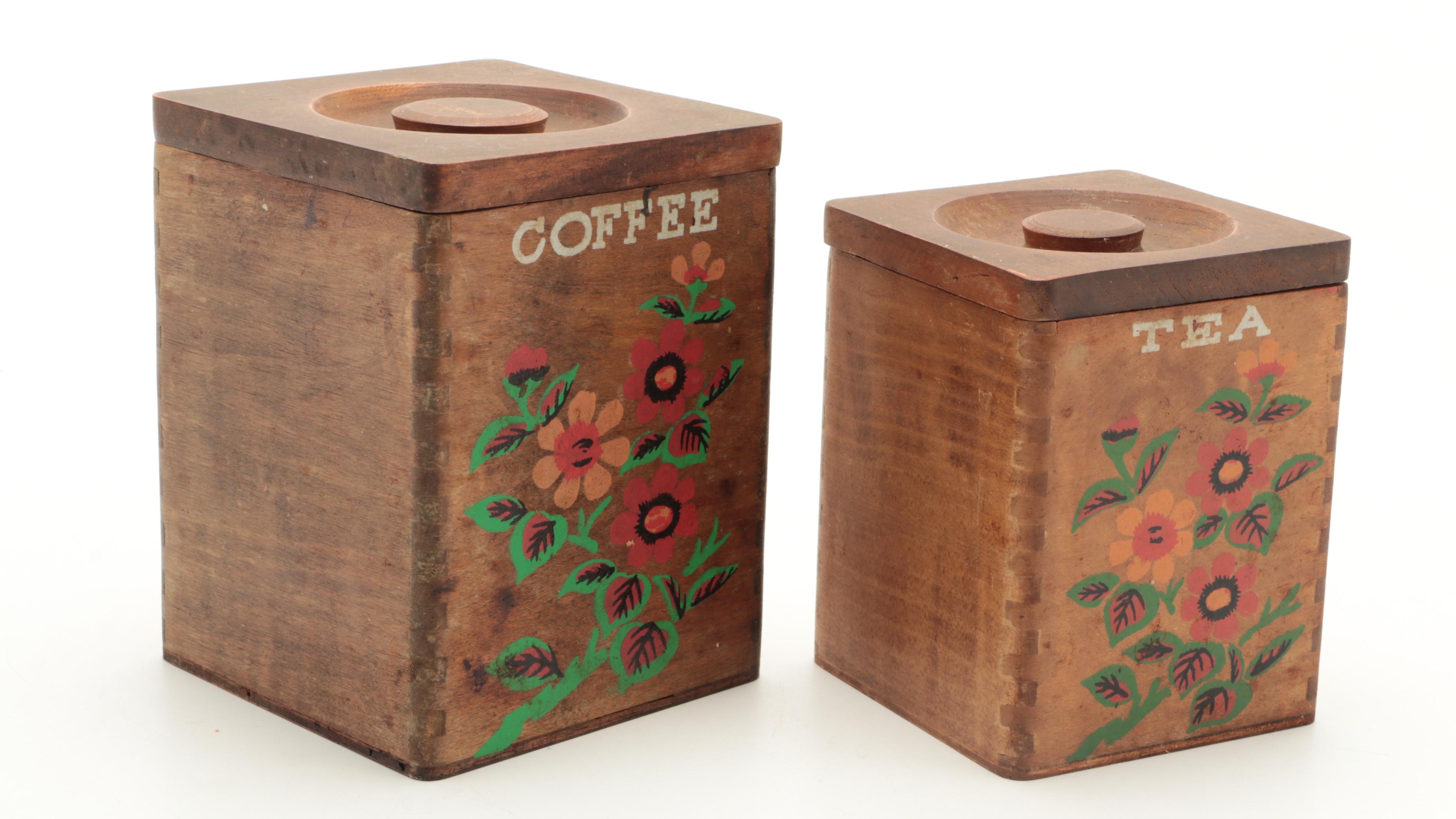 Hand-Painted Floral Motif Wooden Graduated Kitchen Canisters, Mid-20th C.