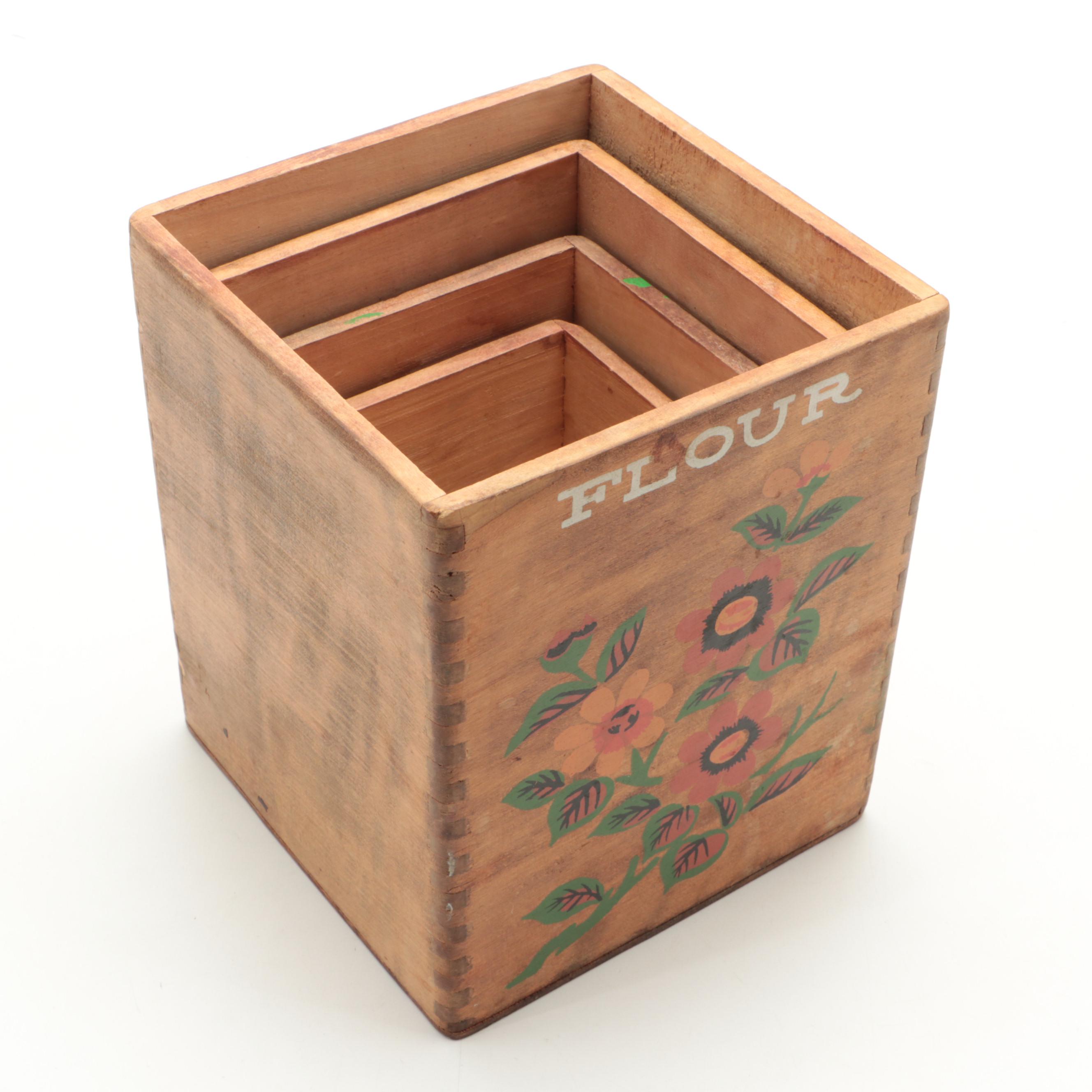 Hand-Painted Floral Motif Wooden Graduated Kitchen Canisters, Mid-20th C.