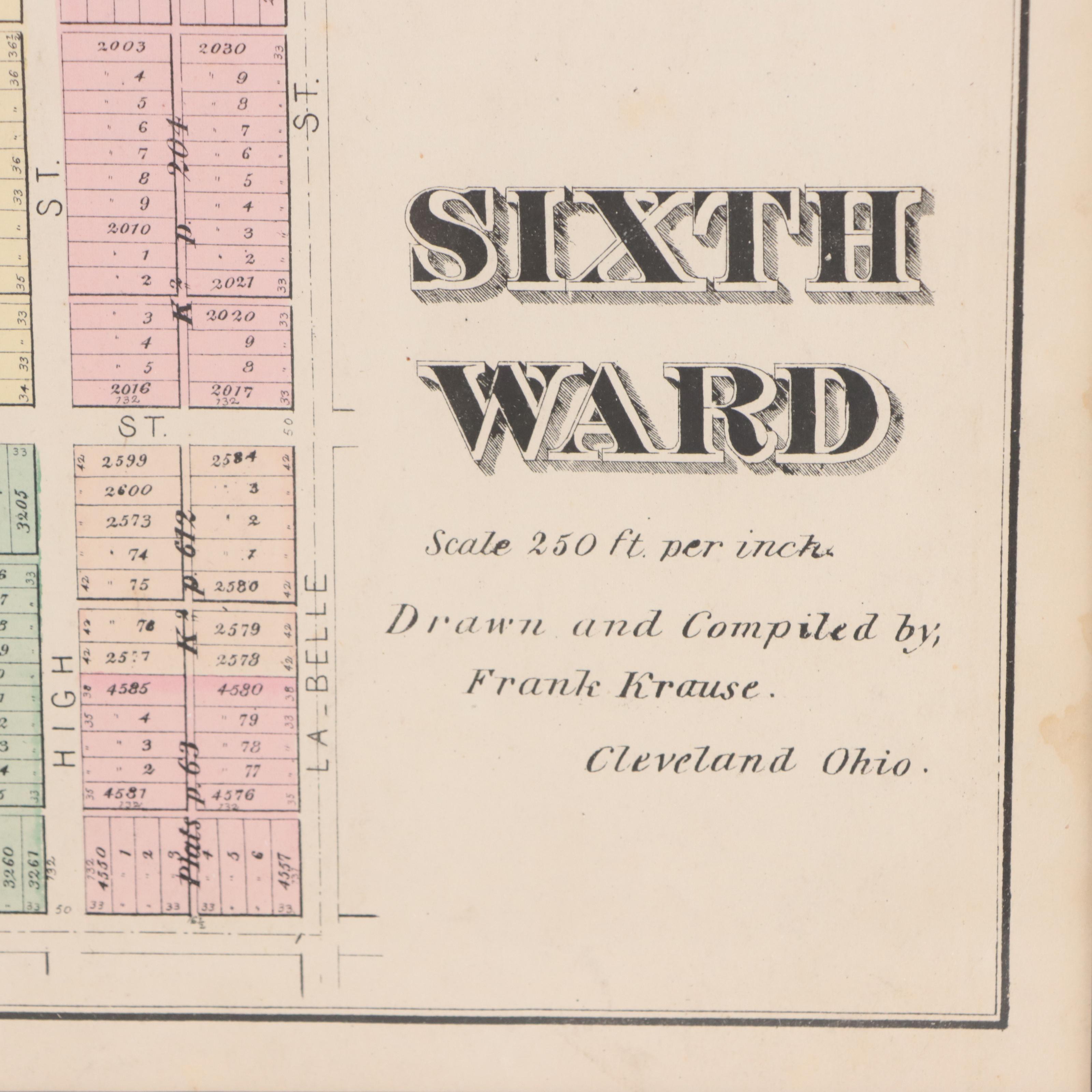 L.H. Everts Hand-Colored Lithograph Map of Cleveland "Sixth Ward," Circa 1870