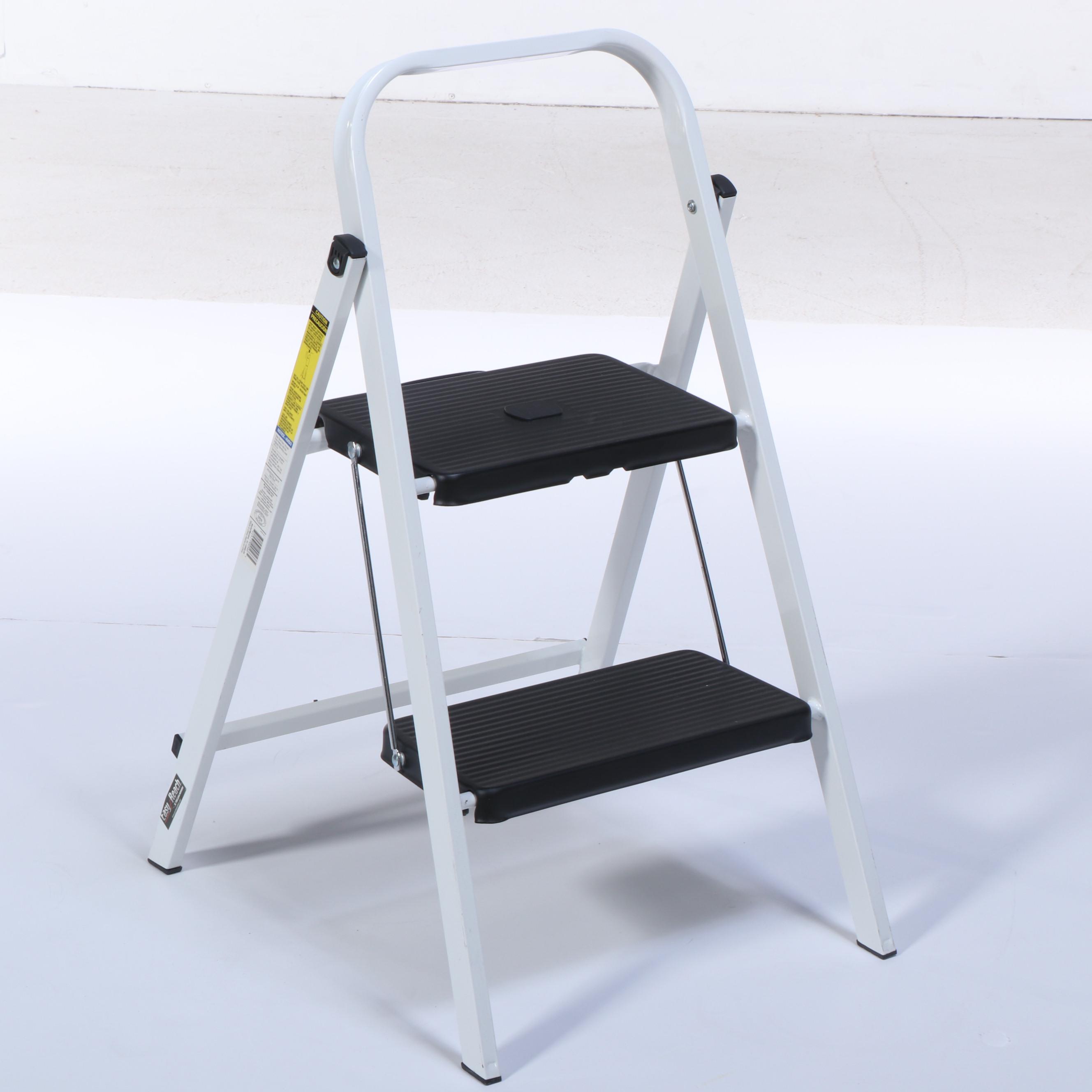 Two Three-Tiered Wire Storage Shelves With Easy Reach Step Stool