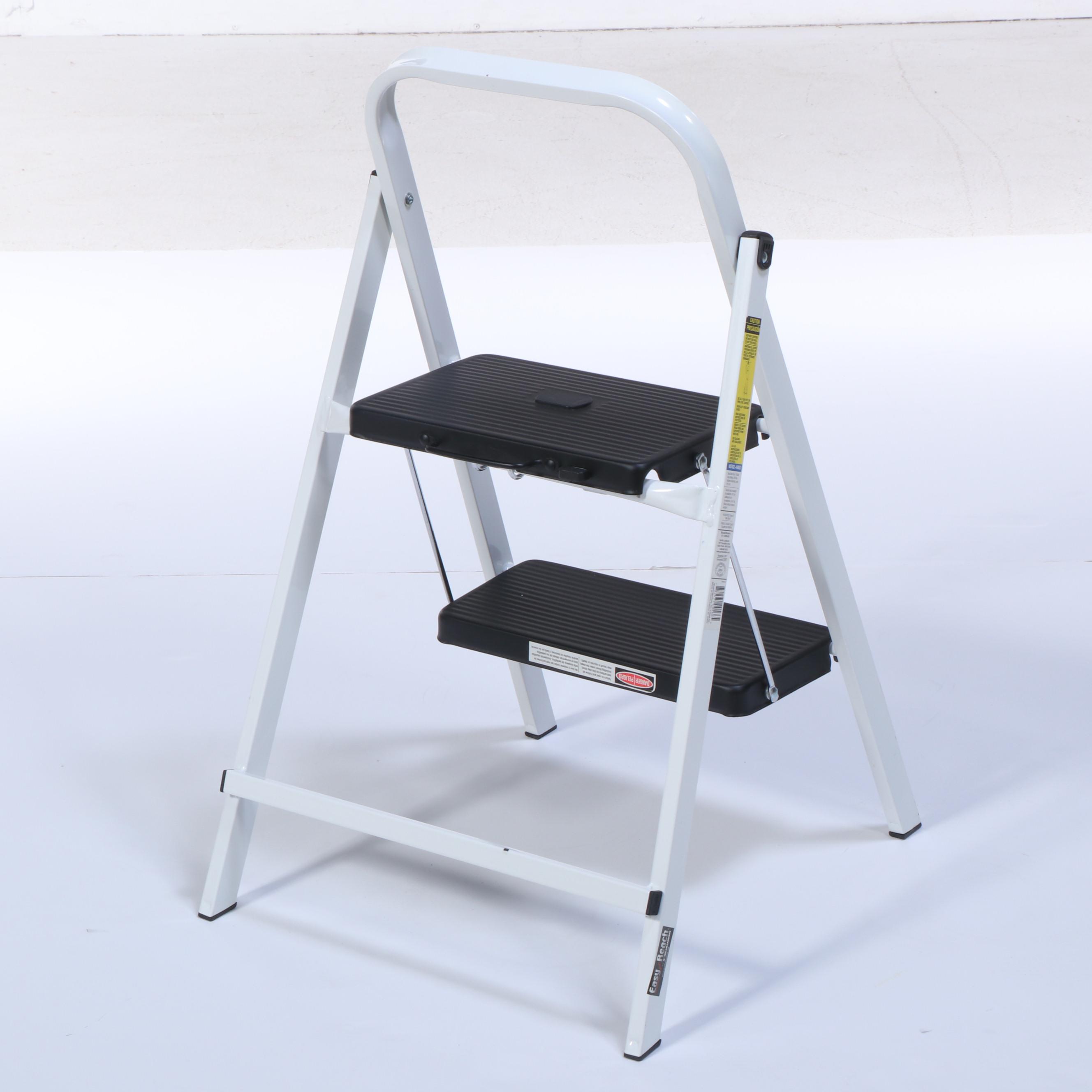 Two Three-Tiered Wire Storage Shelves With Easy Reach Step Stool