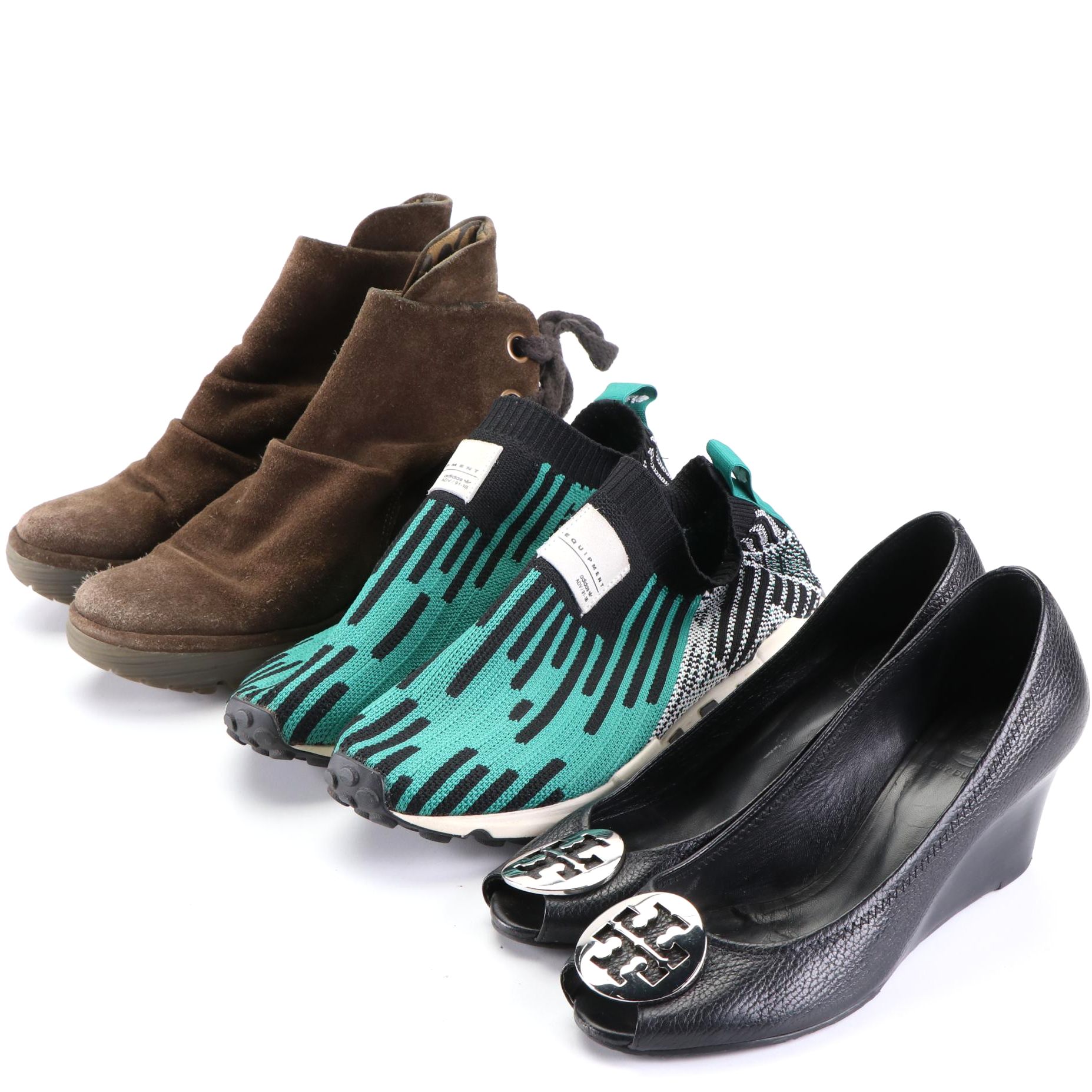 Tory Burch Open Toe Wedges, Adidas Green Equipment Slip-Ons, & London Fly Boots
