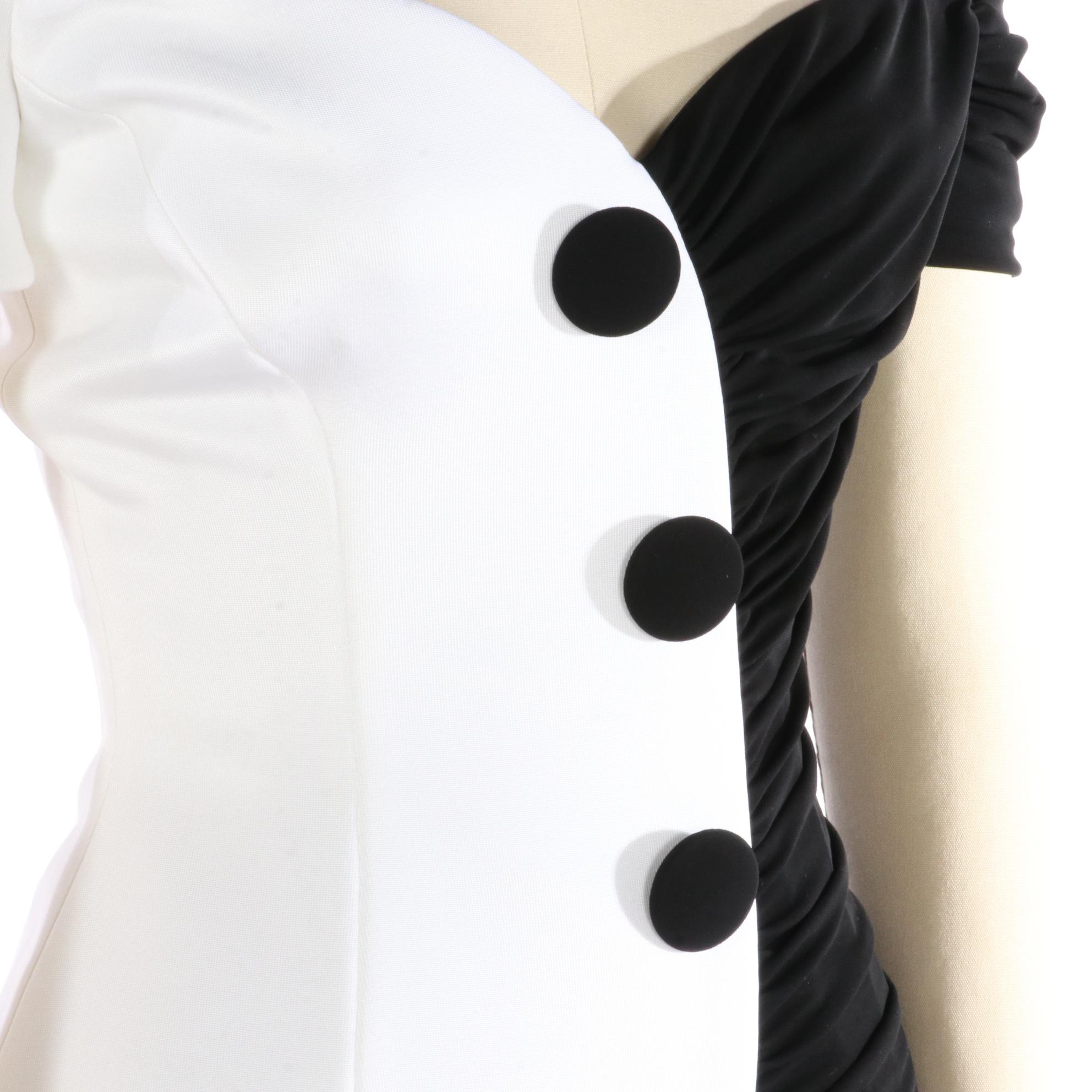 Balmain Off-the-Shoulder Asymmetric White/Black Cocktail Dress, New with Tag