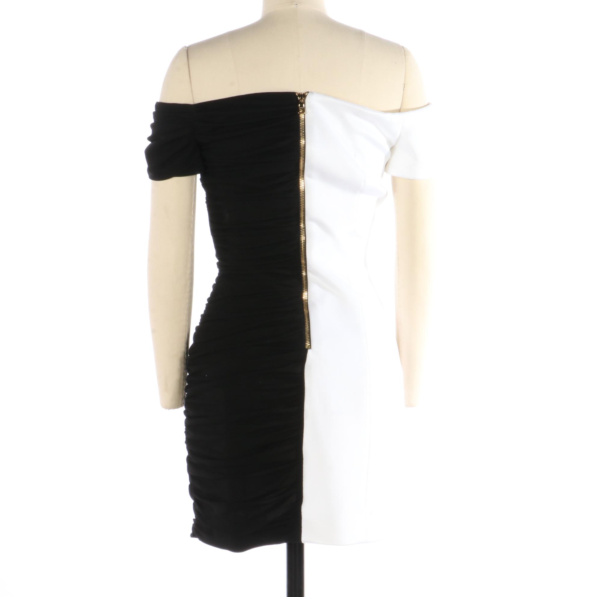 Balmain Off-the-Shoulder Asymmetric White/Black Cocktail Dress, New with Tag