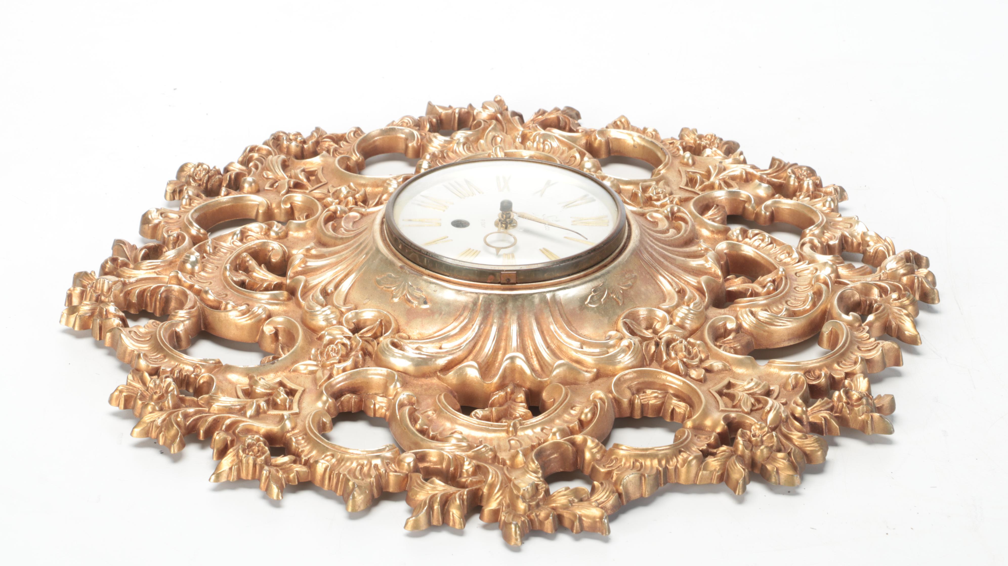Hollywood Regency Gilt Metal 8-Day Wall Clock, Mid-20th Century