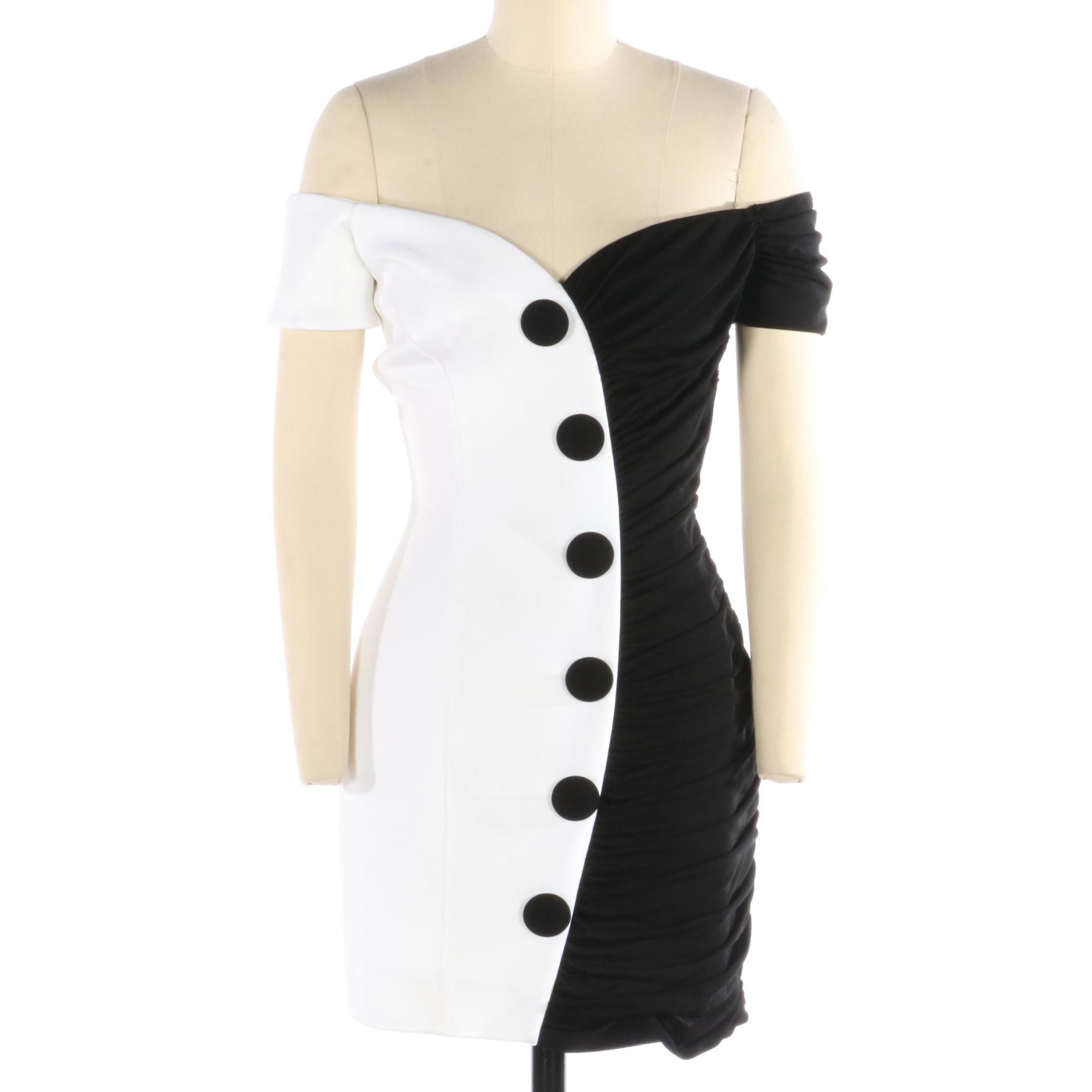 Balmain Off-the-Shoulder Asymmetric White/Black Cocktail Dress, New with Tag