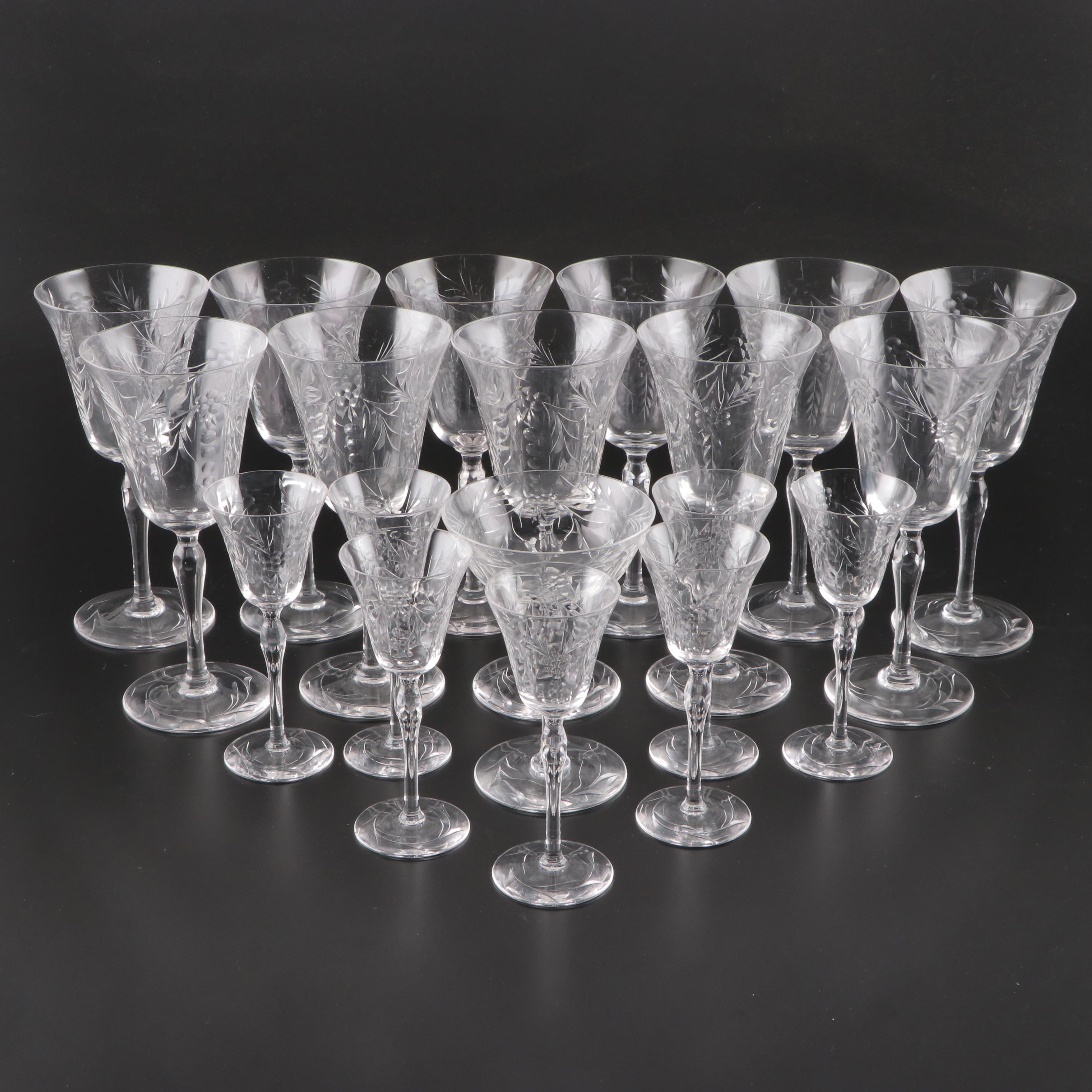 Wheel-Cut Glass Wine and Cordial Glasses, Mid to Late 20th Century