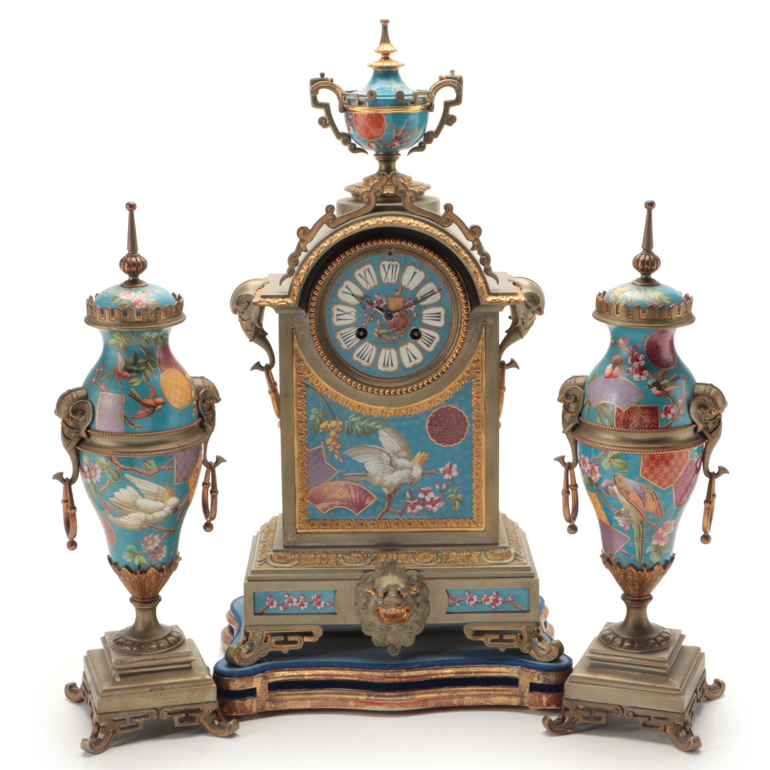 Victorian Aesthetic-Movement Gilt Metal Mantel Clock with Garniture