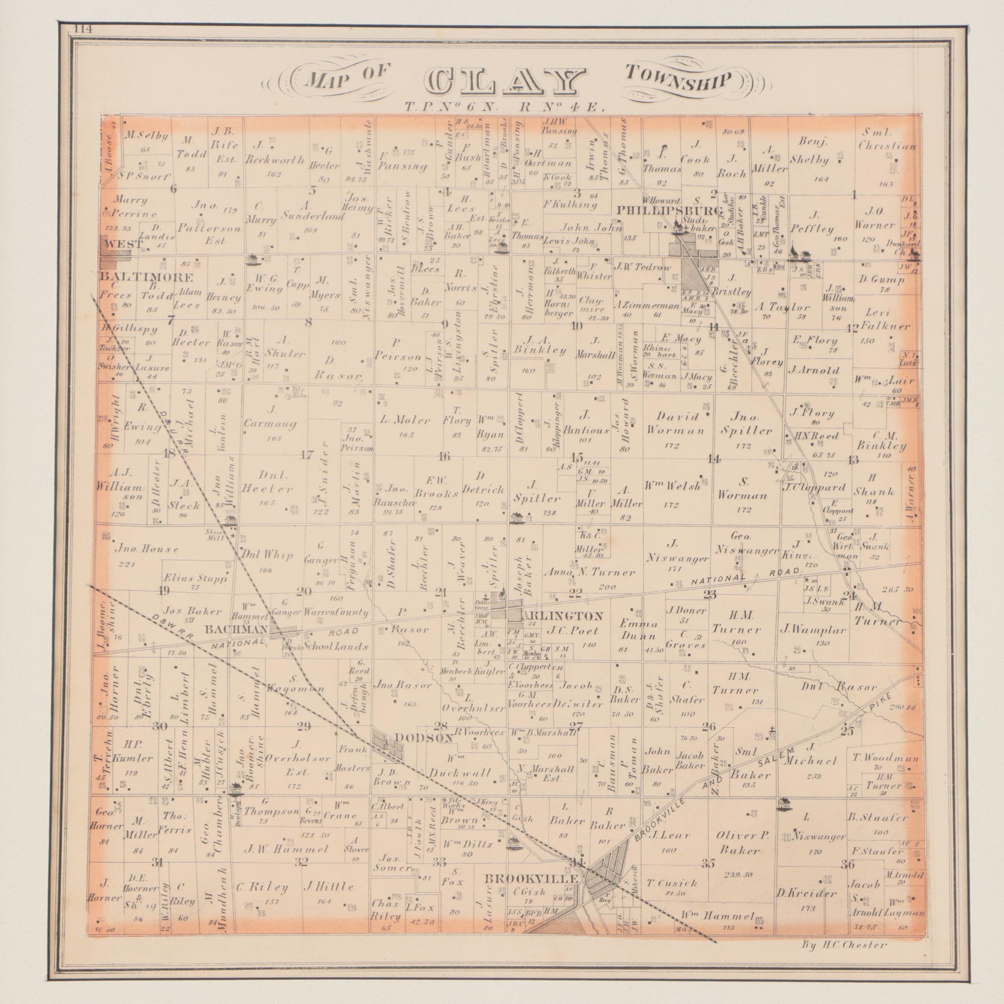 L. H. Everts Hand-Colored Lithograph "Map of Clay Township," Circa 1870