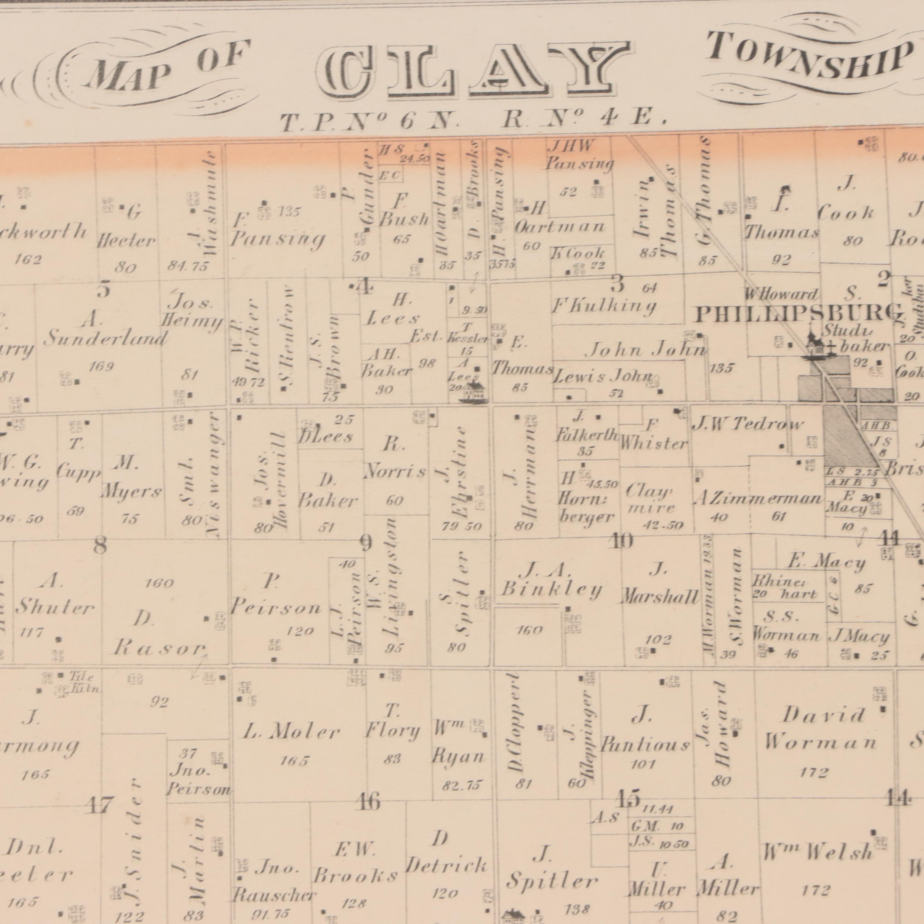 L. H. Everts Hand-Colored Lithograph "Map of Clay Township," Circa 1870