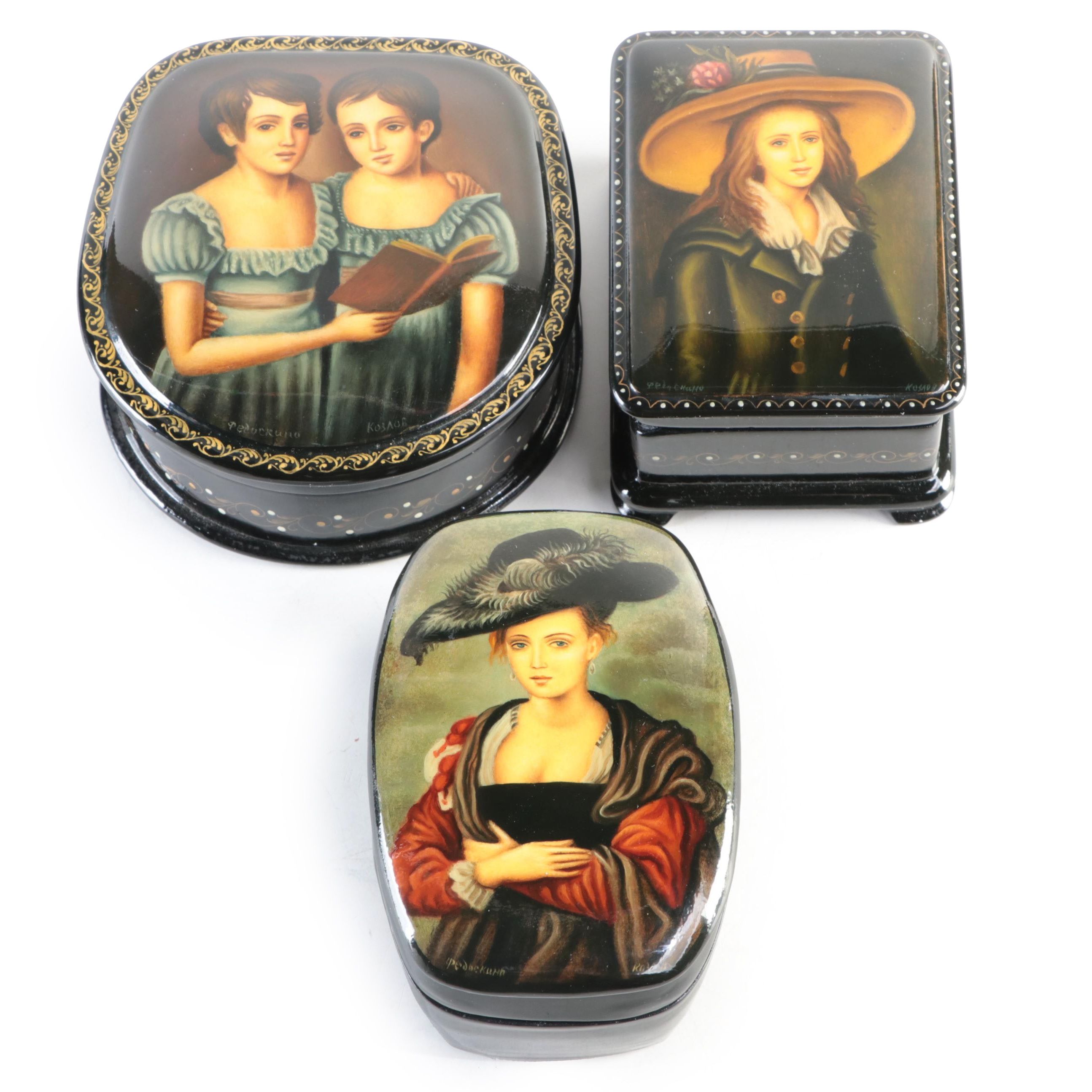 Russian Fedoskino Hand-Painted Lacquerware Portrait Boxes