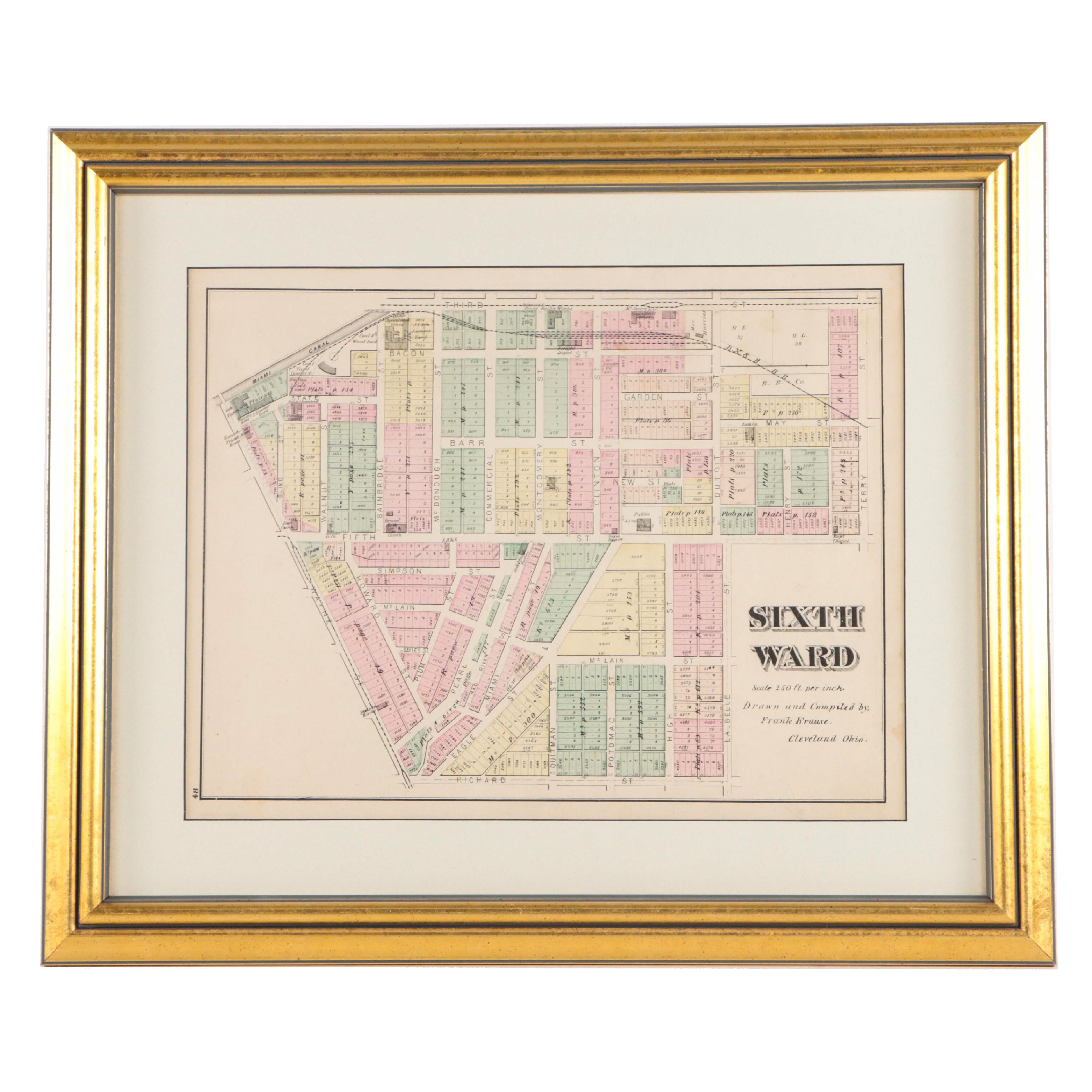 L.H. Everts Hand-Colored Lithograph Map of Cleveland "Sixth Ward," Circa 1870