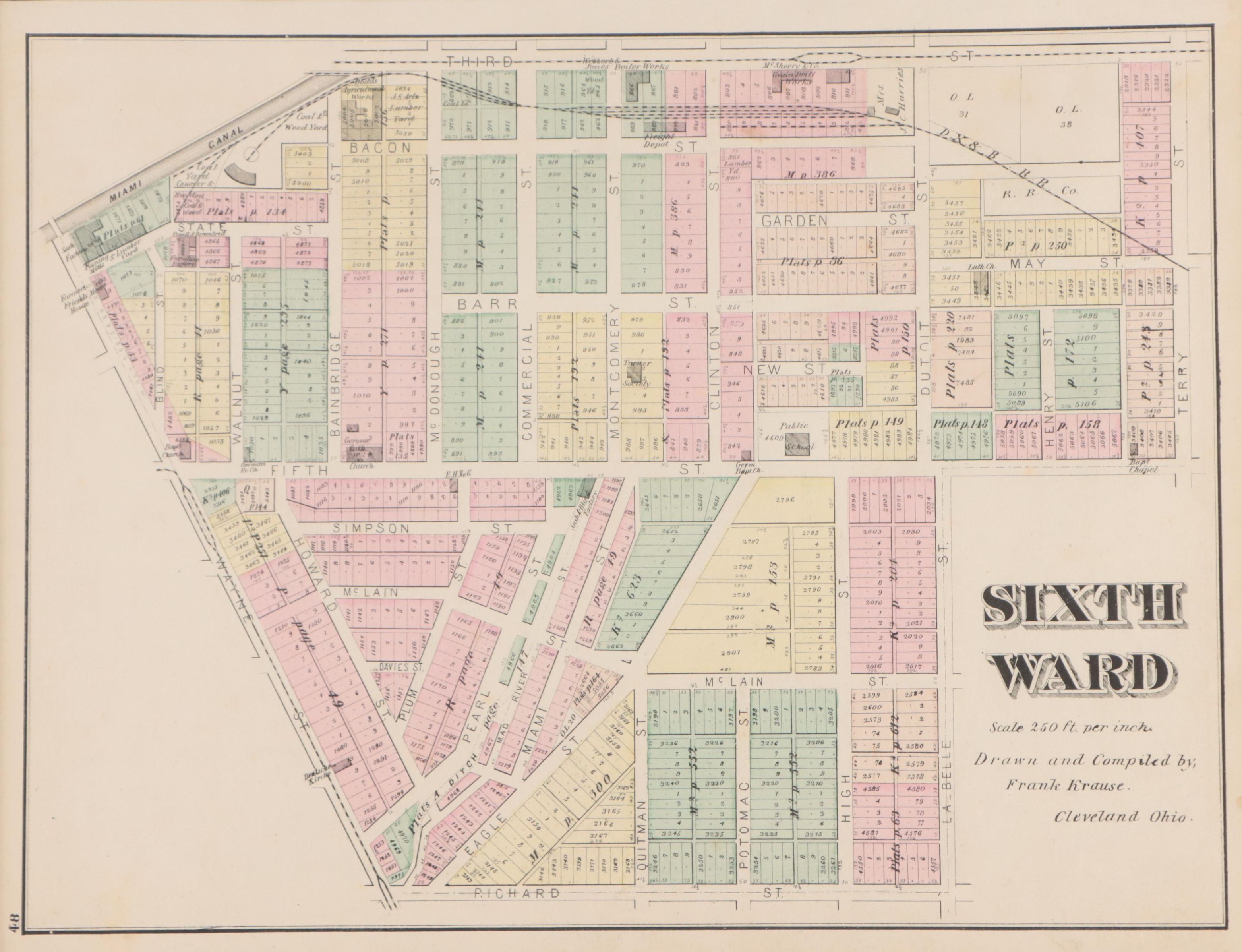 L.H. Everts Hand-Colored Lithograph Map of Cleveland "Sixth Ward," Circa 1870