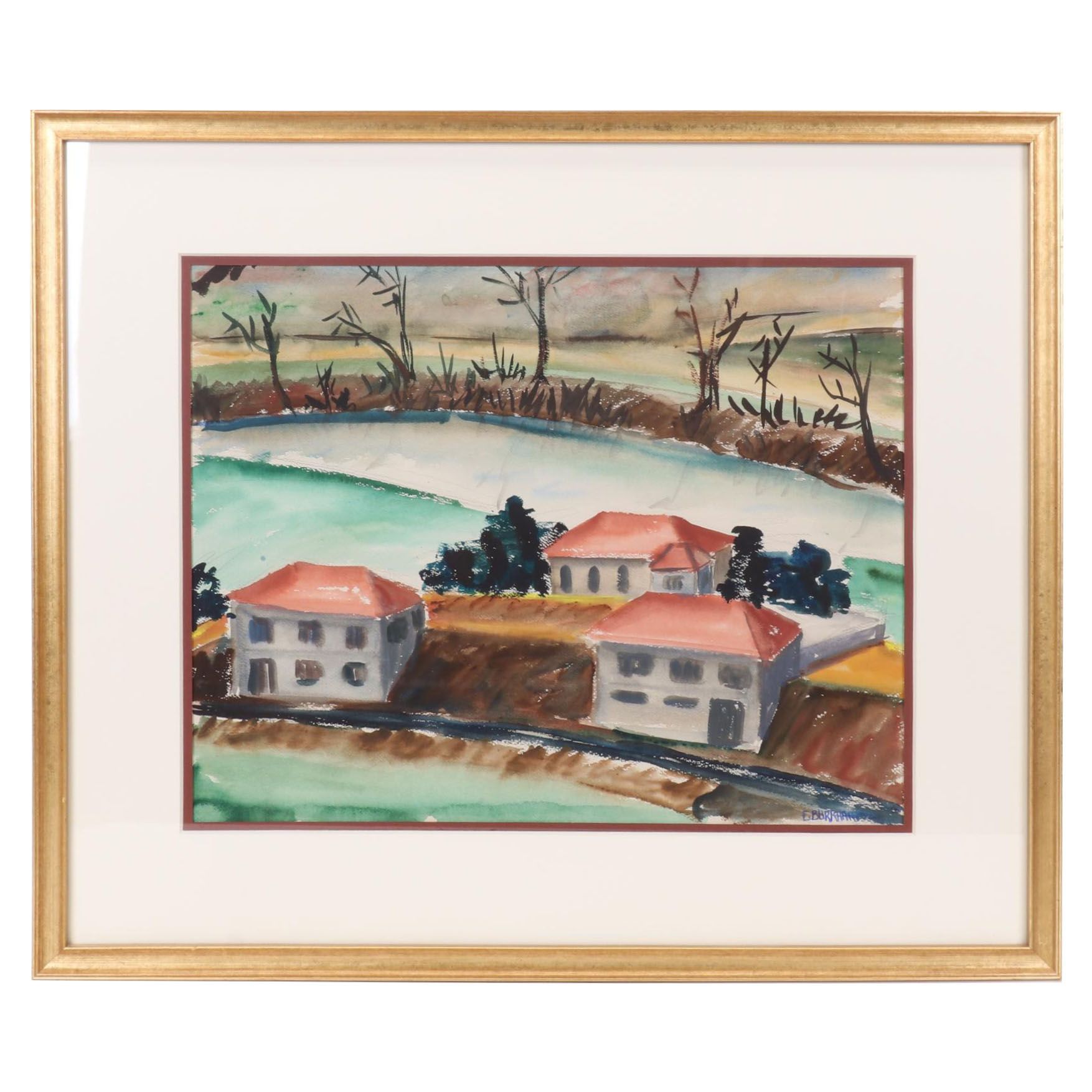 Emerson Burkhart Watercolor Painting of Rural Buildings, Mid-20th Century