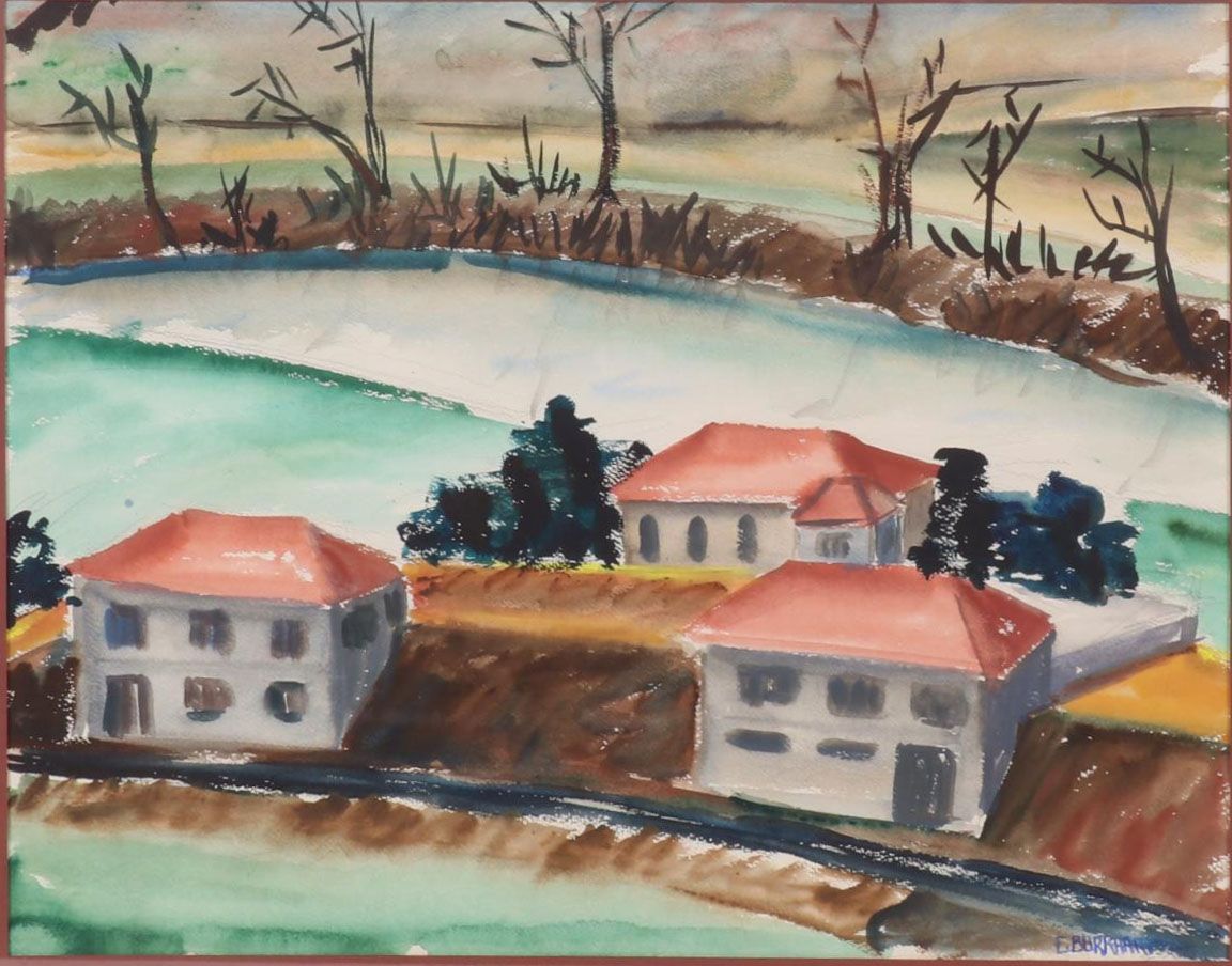 Emerson Burkhart Watercolor Painting of Rural Buildings, Mid-20th Century