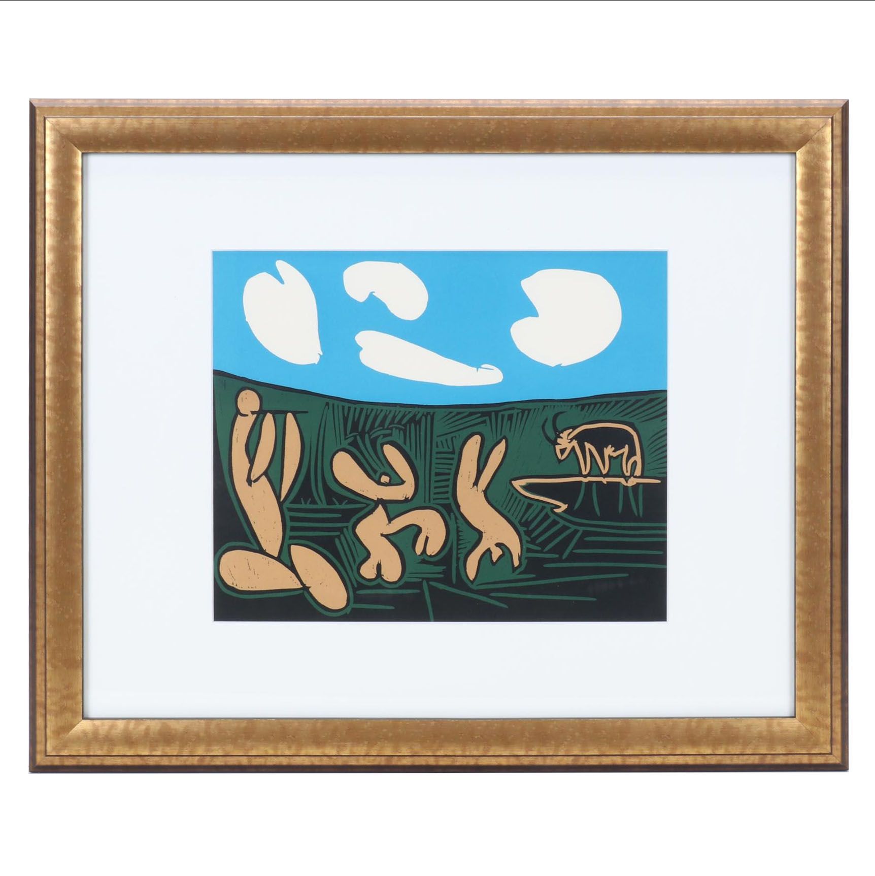 Pablo Picasso Color Linocut "Bacanal con cuatro nubes," 1962