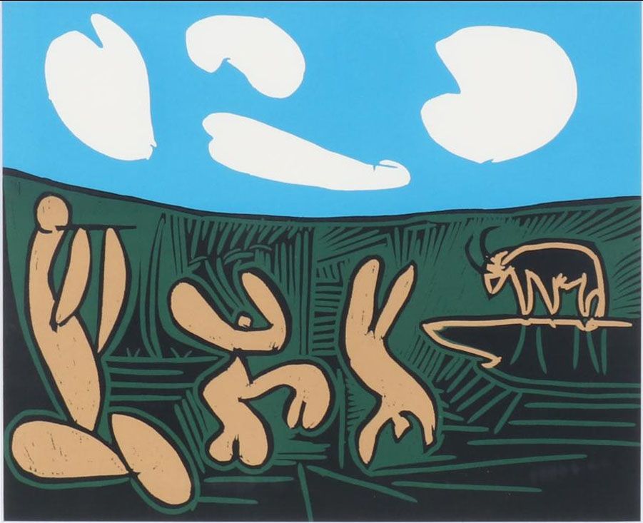 Pablo Picasso Color Linocut "Bacanal con cuatro nubes," 1962