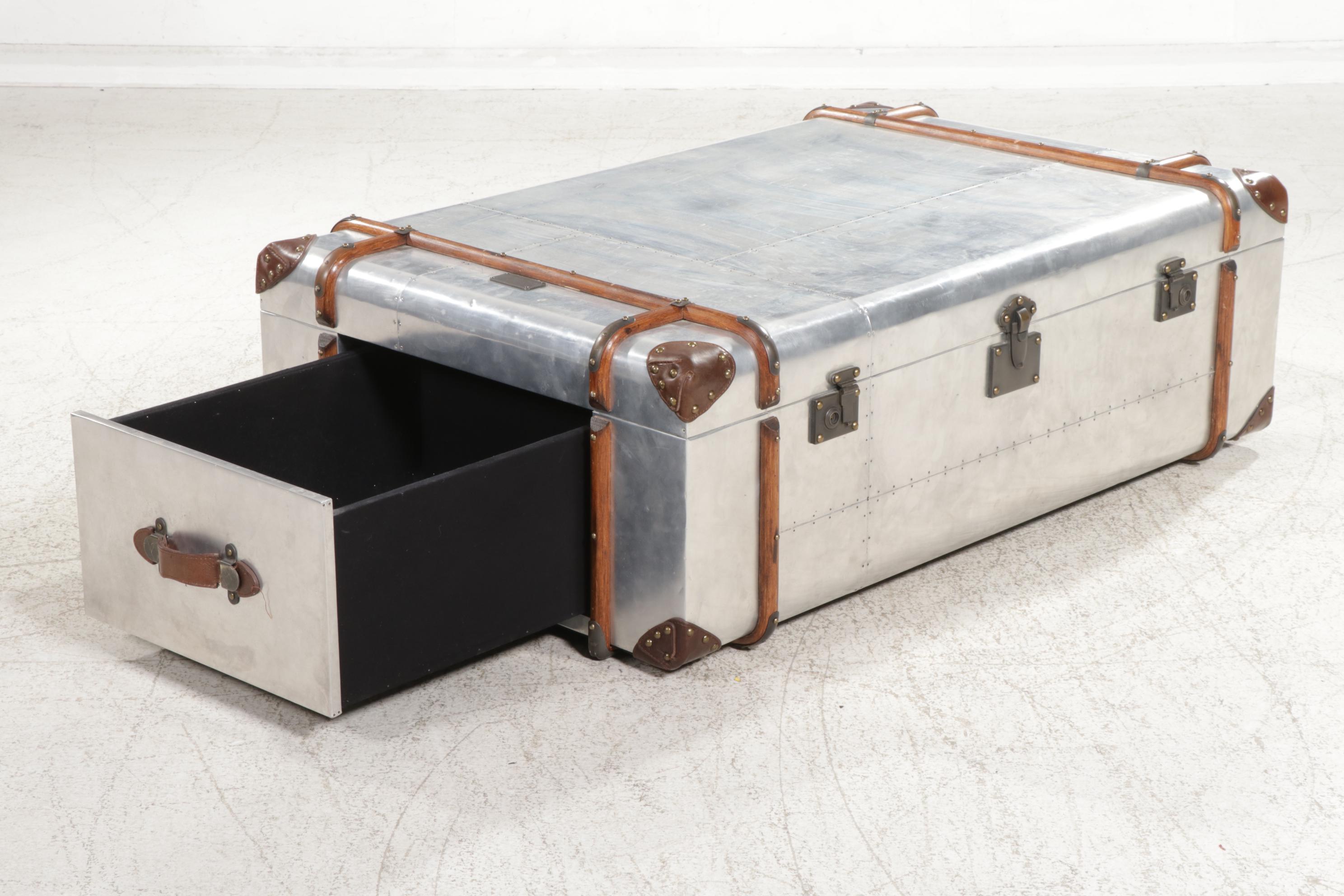 RH "Richards' Trunk" Wood and Leather-Mounted Aluminum Coffee Table with Drawers