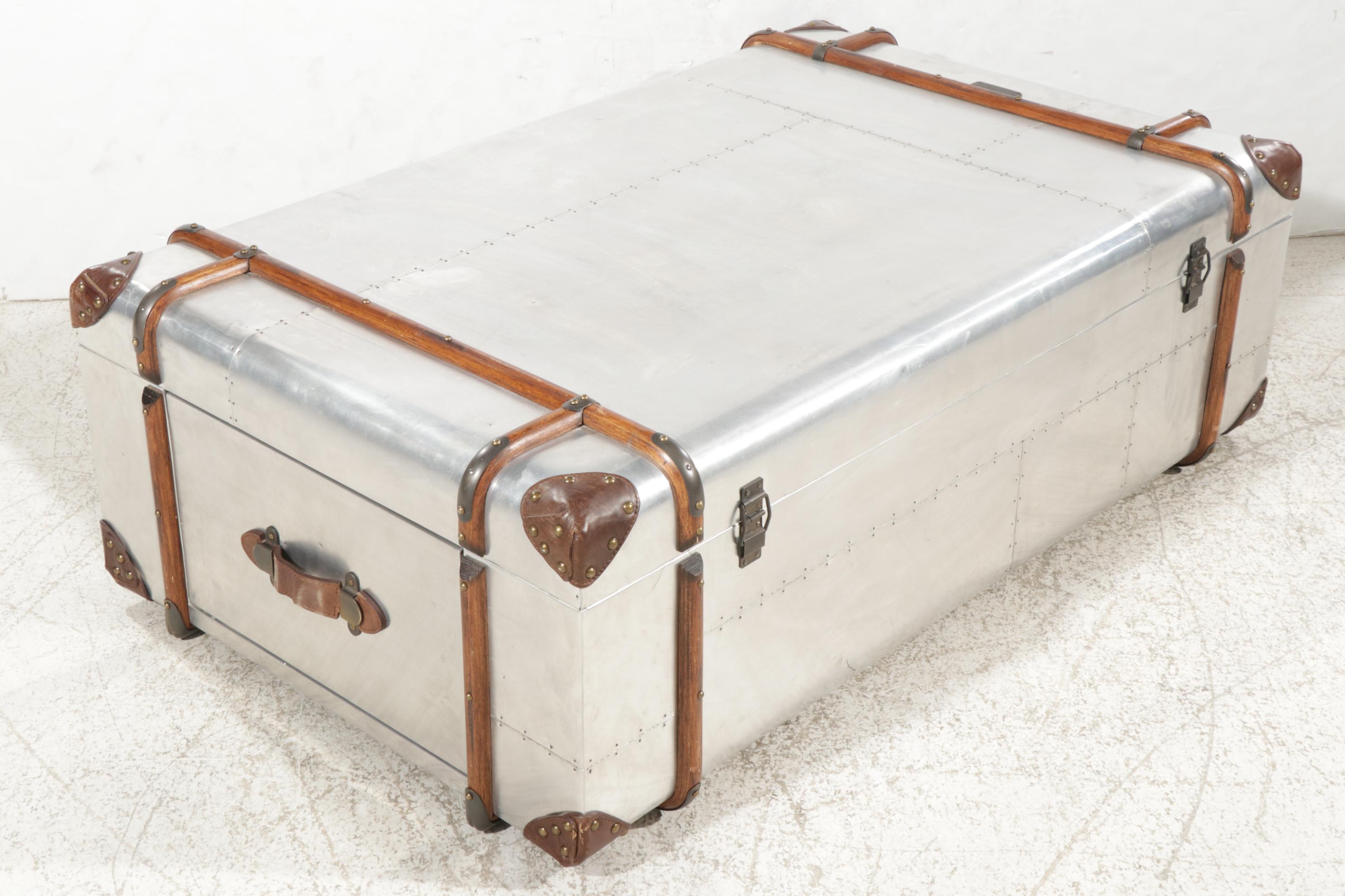 RH "Richards' Trunk" Wood and Leather-Mounted Aluminum Coffee Table with Drawers