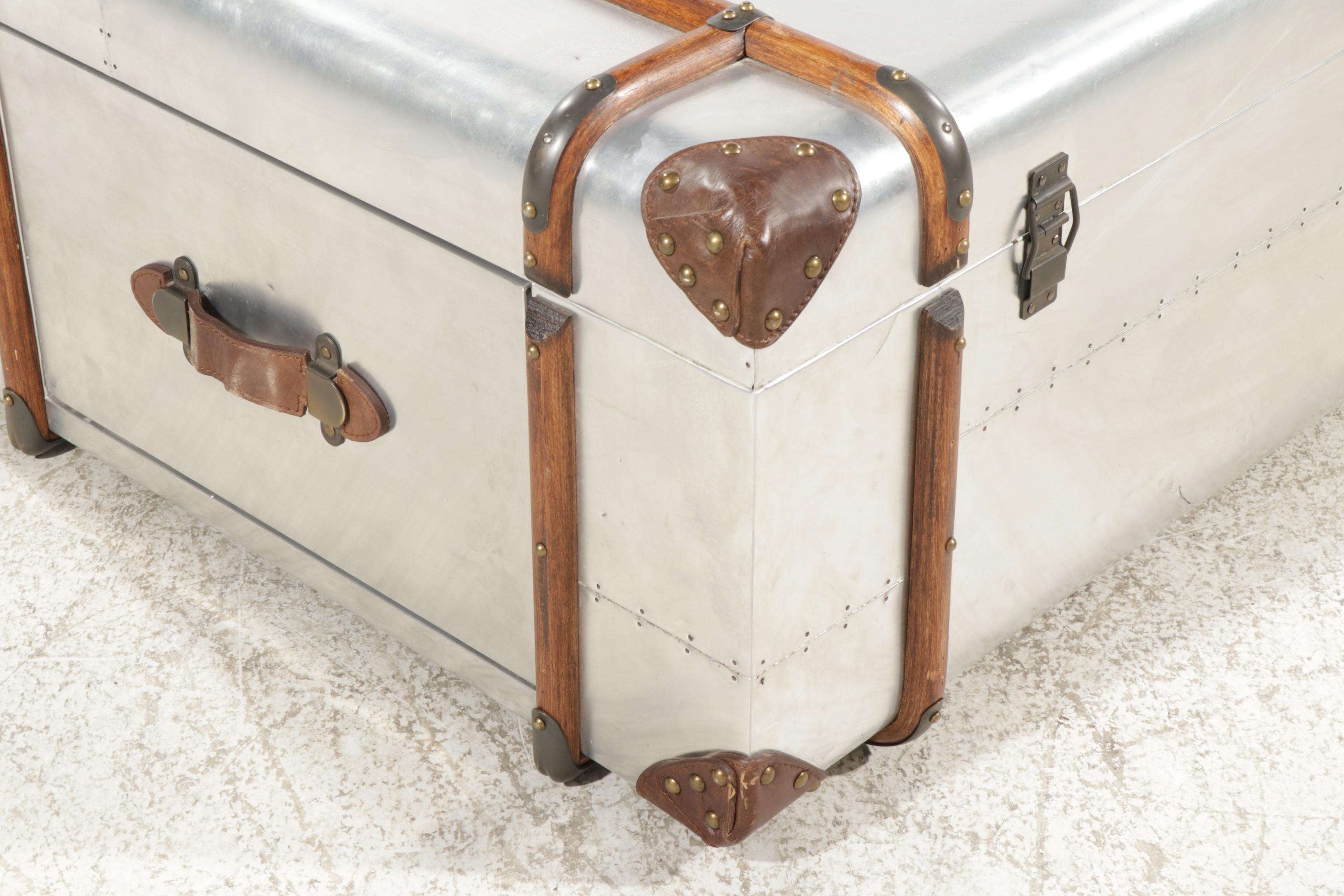 RH "Richards' Trunk" Wood and Leather-Mounted Aluminum Coffee Table with Drawers