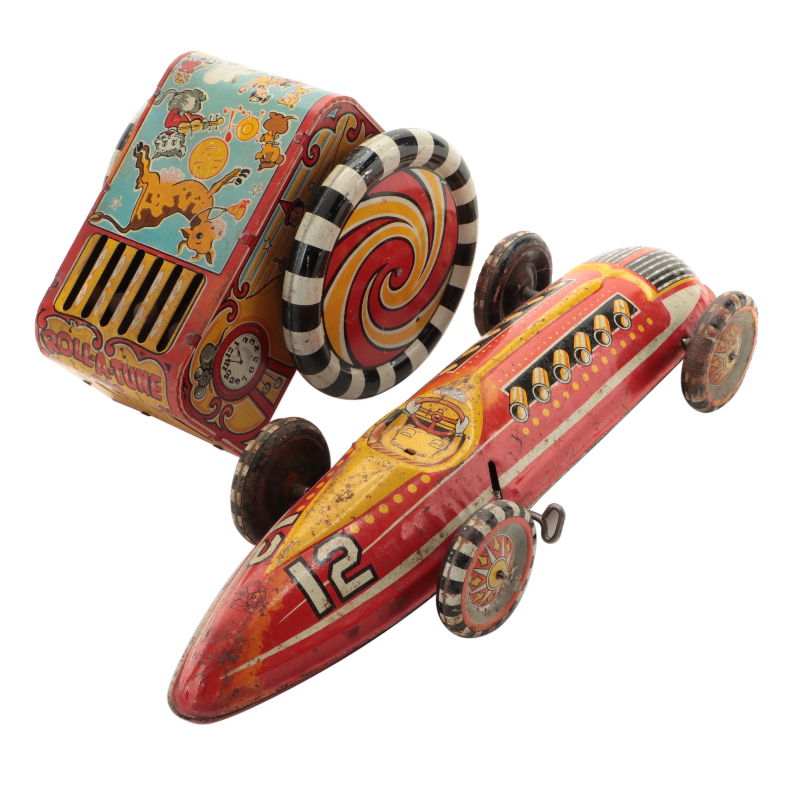 Marx Toys Tin Lithograph Roll-A-Tune with Marx Super Streamline Racer