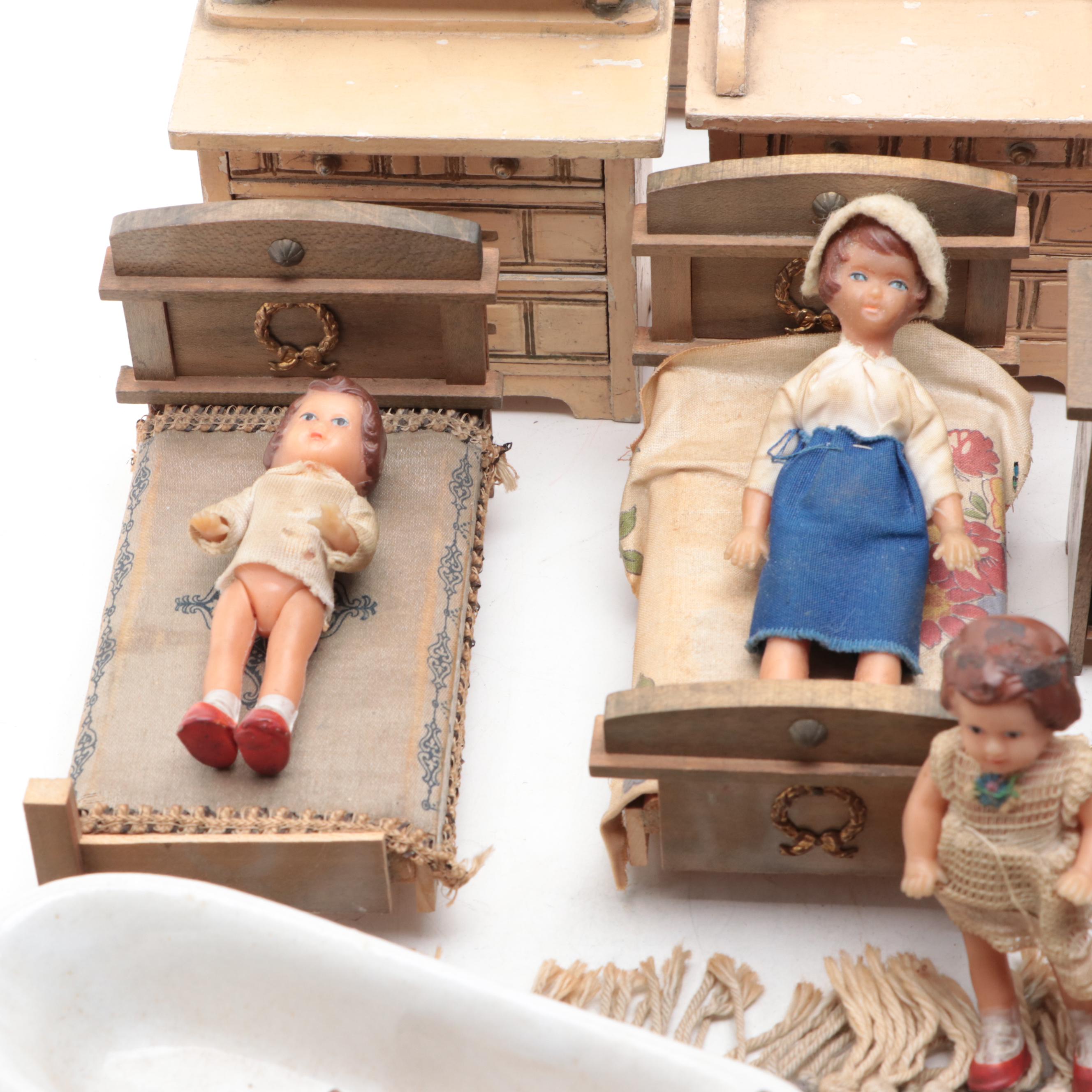 Miniature Wooden Dollhouse Furniture with Porcelain Bathroom Fixtures