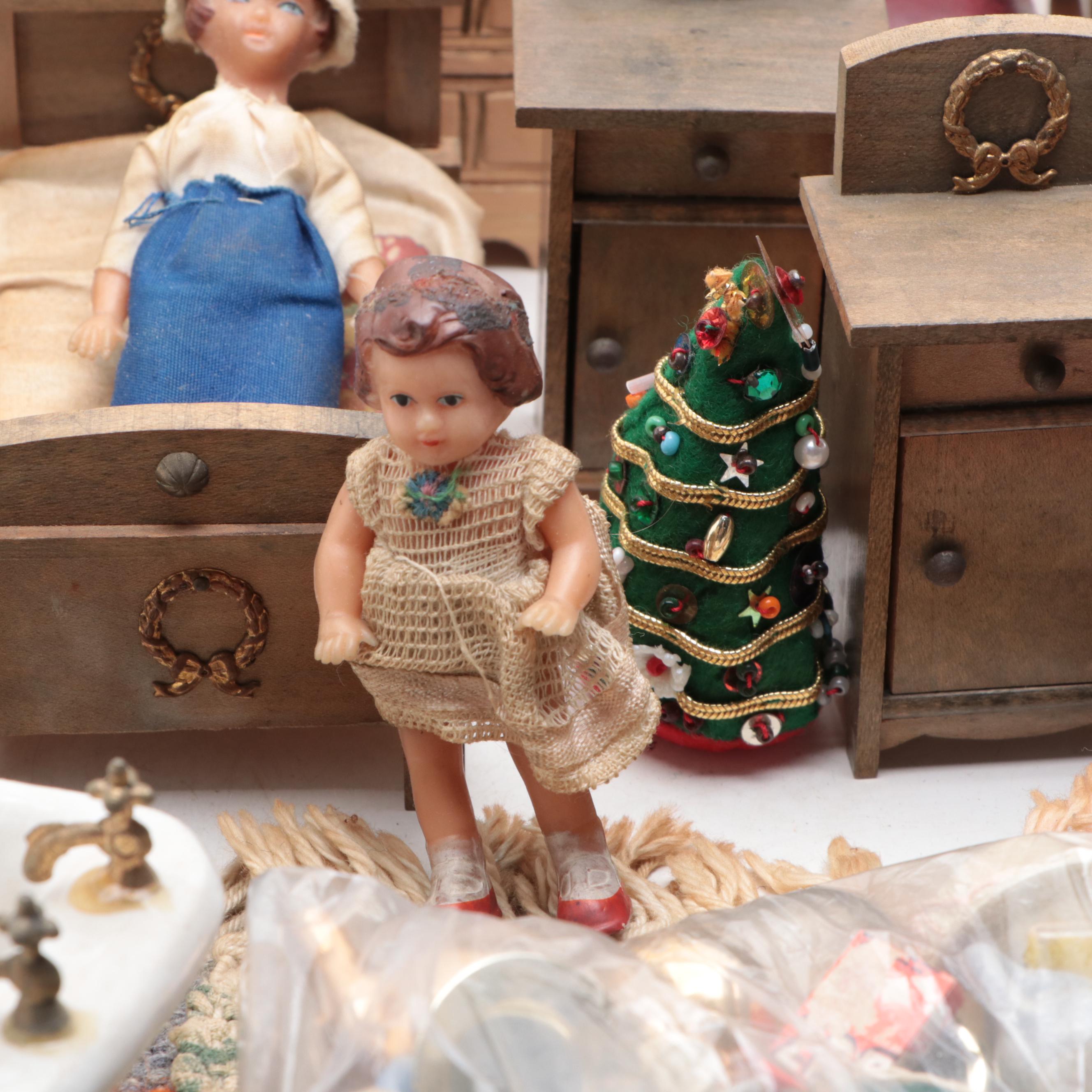 Miniature Wooden Dollhouse Furniture with Porcelain Bathroom Fixtures