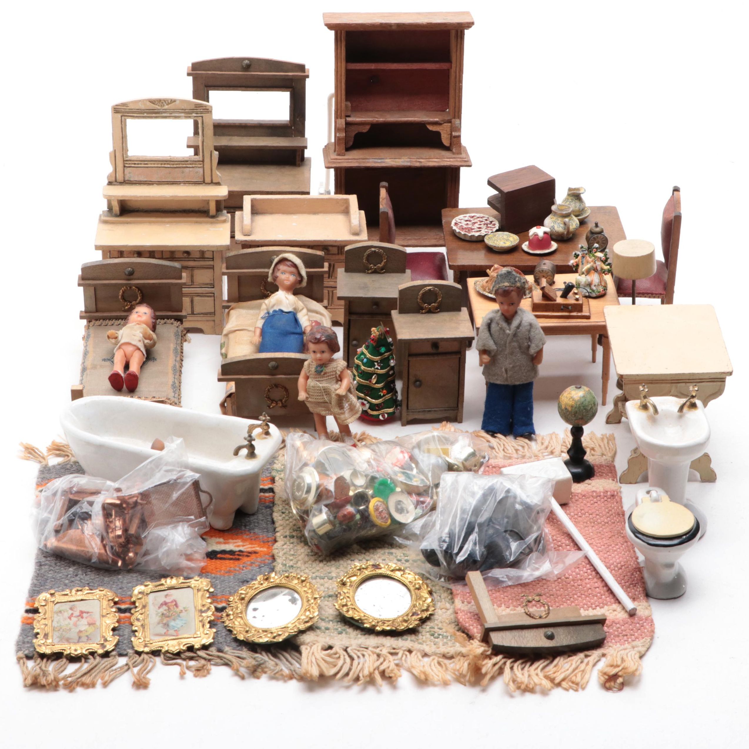 Miniature Wooden Dollhouse Furniture with Porcelain Bathroom Fixtures