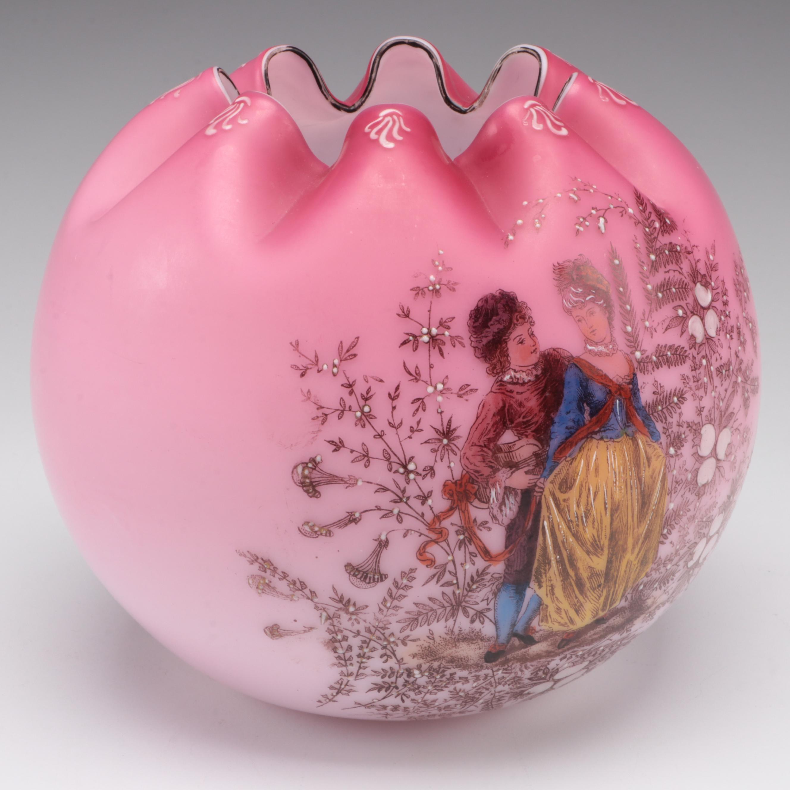 Victorian Enameled Satin Glass Rose Bowl