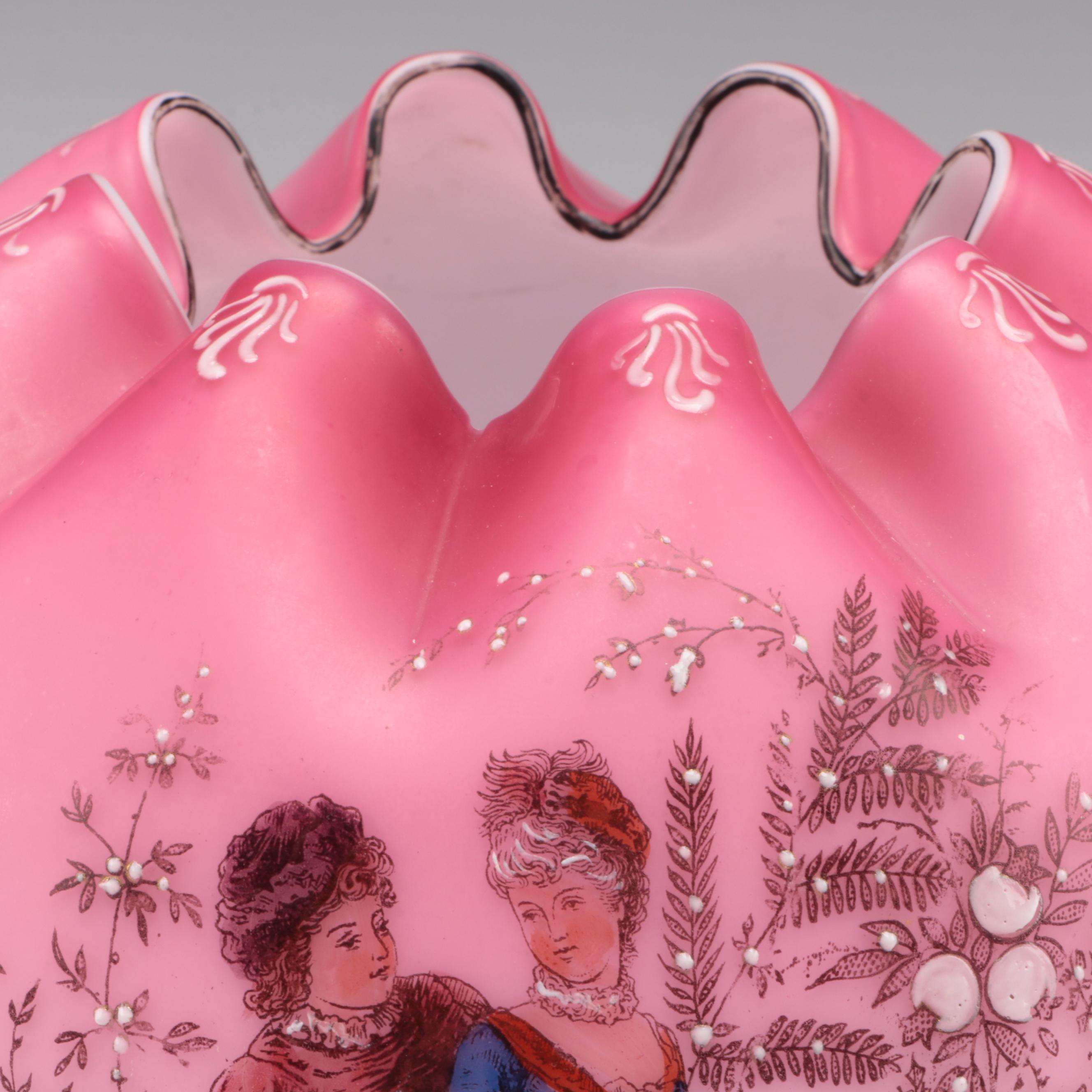 Victorian Enameled Satin Glass Rose Bowl