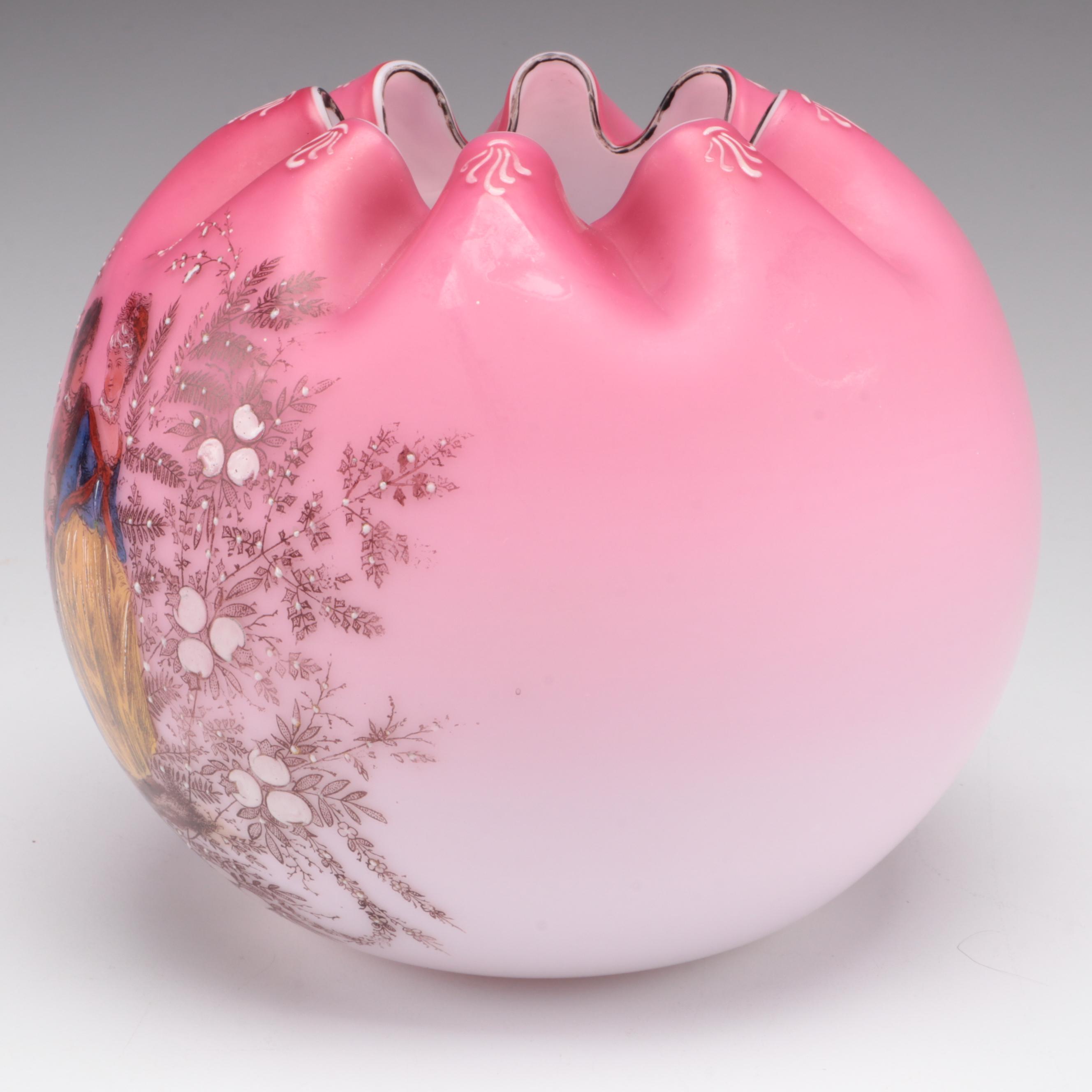 Victorian Enameled Satin Glass Rose Bowl