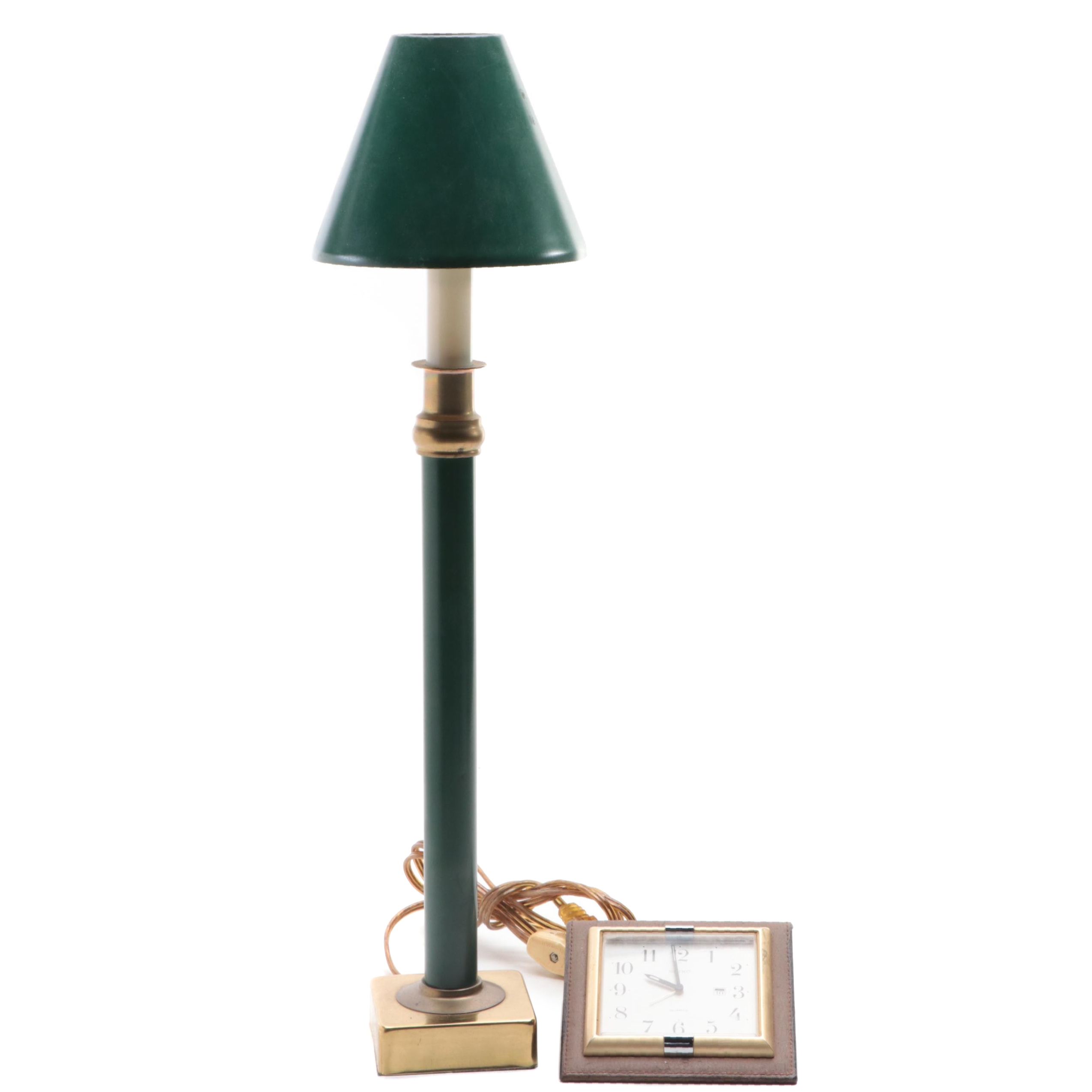 Seiko Alarm Clock With Brass Candlestick Table Lamp, Late 20th Century