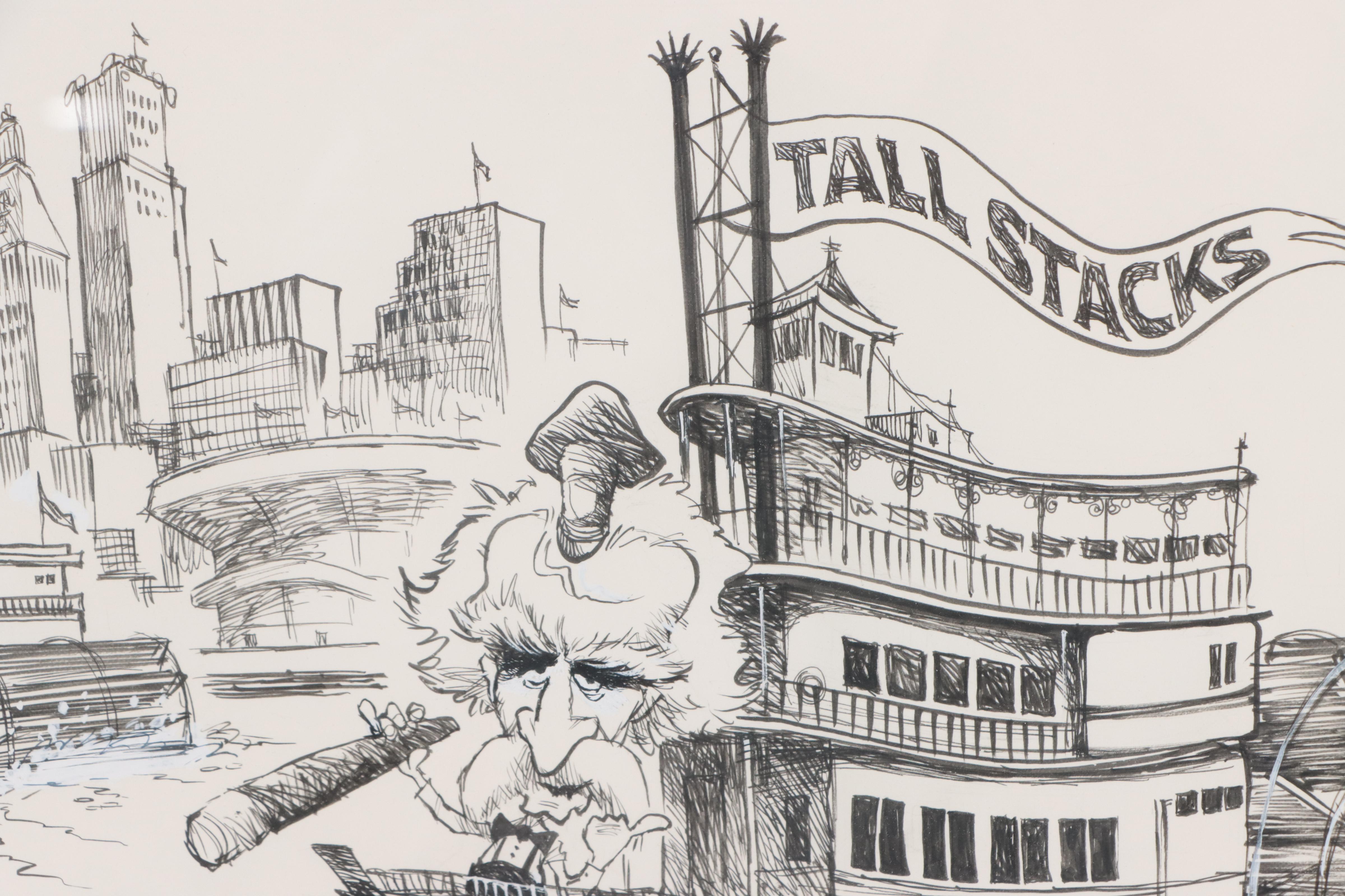 Jim Borgman Cartoon Ink Drawing of Cincinnati Riverboat Scene, 1988