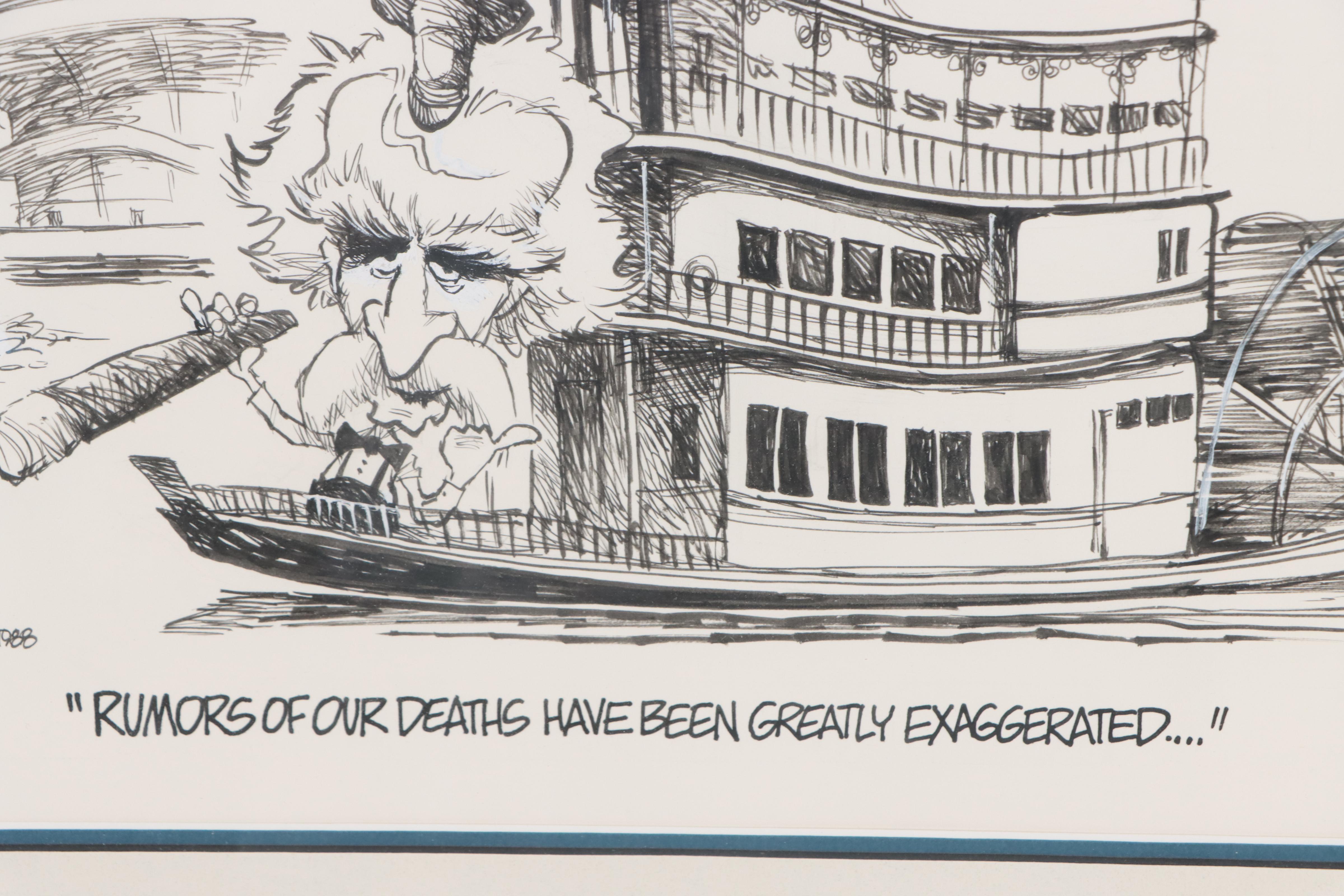 Jim Borgman Cartoon Ink Drawing of Cincinnati Riverboat Scene, 1988