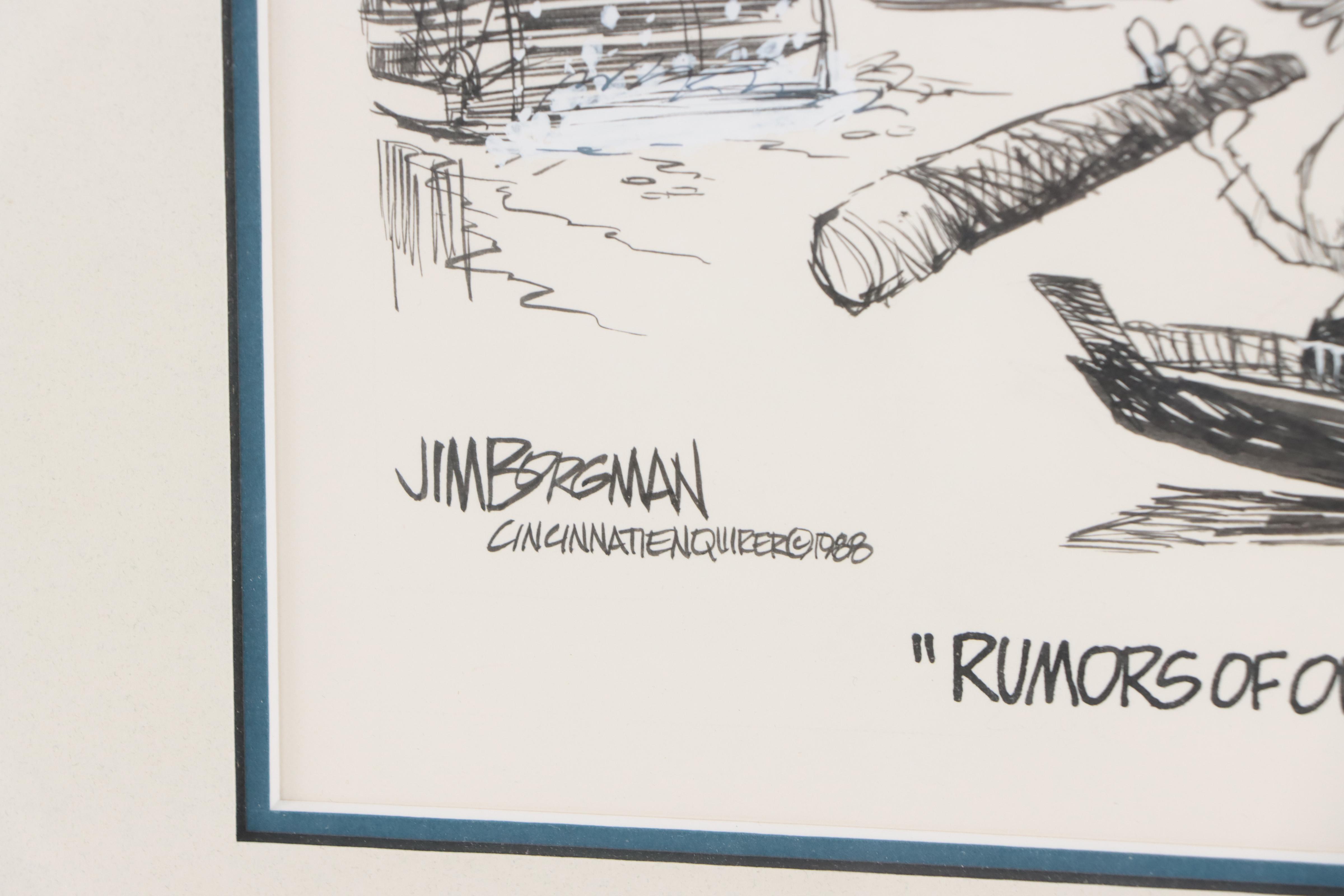 Jim Borgman Cartoon Ink Drawing of Cincinnati Riverboat Scene, 1988
