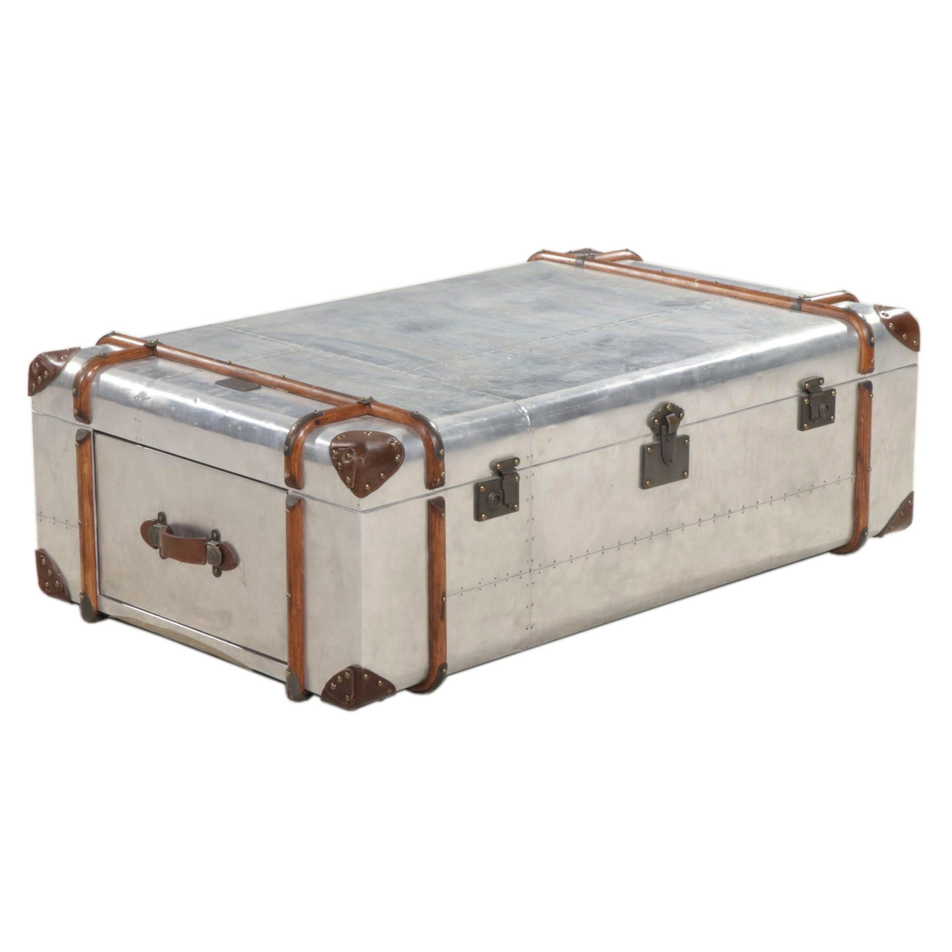 RH "Richards' Trunk" Wood and Leather-Mounted Aluminum Coffee Table with Drawers